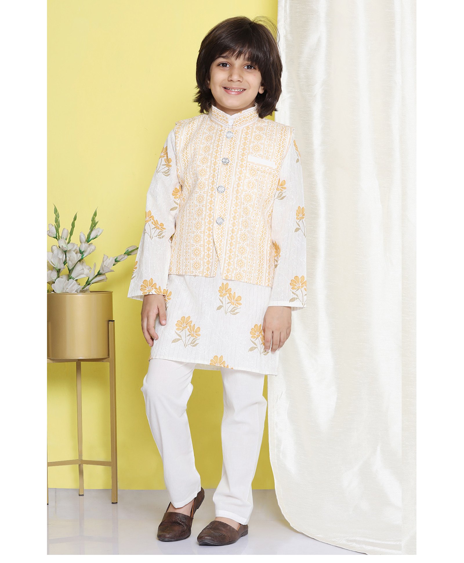 AJ Dezines Full Sleeves Floral Printed Cotton Kurta Pyjama Set -  Yellow-picture-31