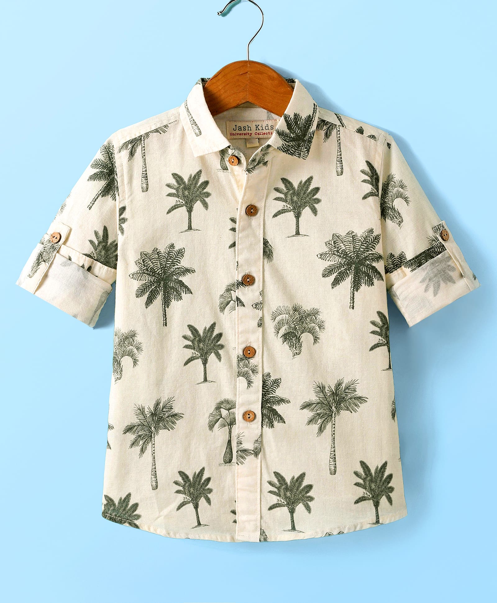 JASH KIDS Cotton Knit Full Sleeves Beach Theme Printed Shirt - Olive Green-picture-19