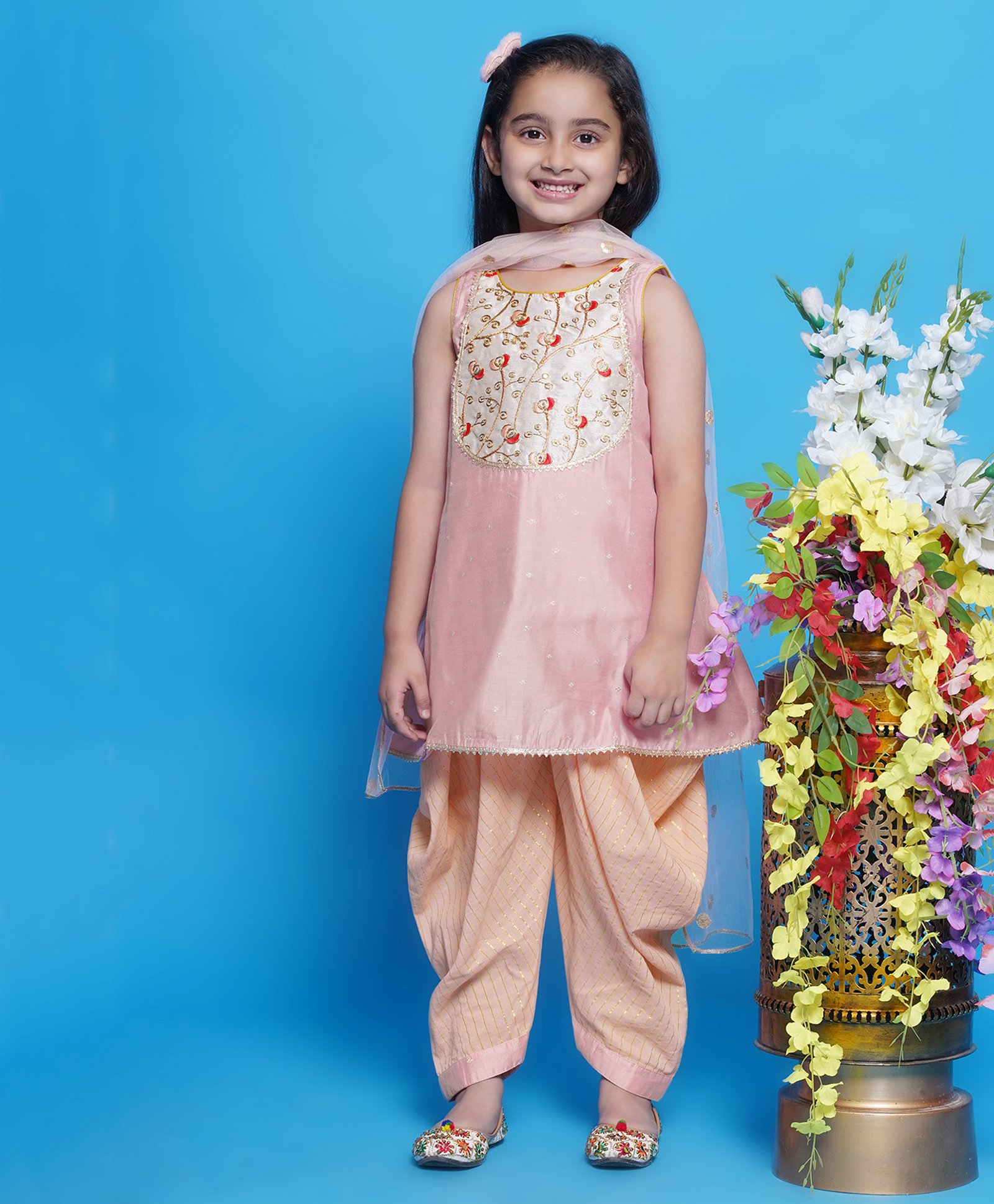 Little Bansi Sleeveless Tulip Embroidered Kurta Dhoti With Dupatta - Peachish Pink-image-18