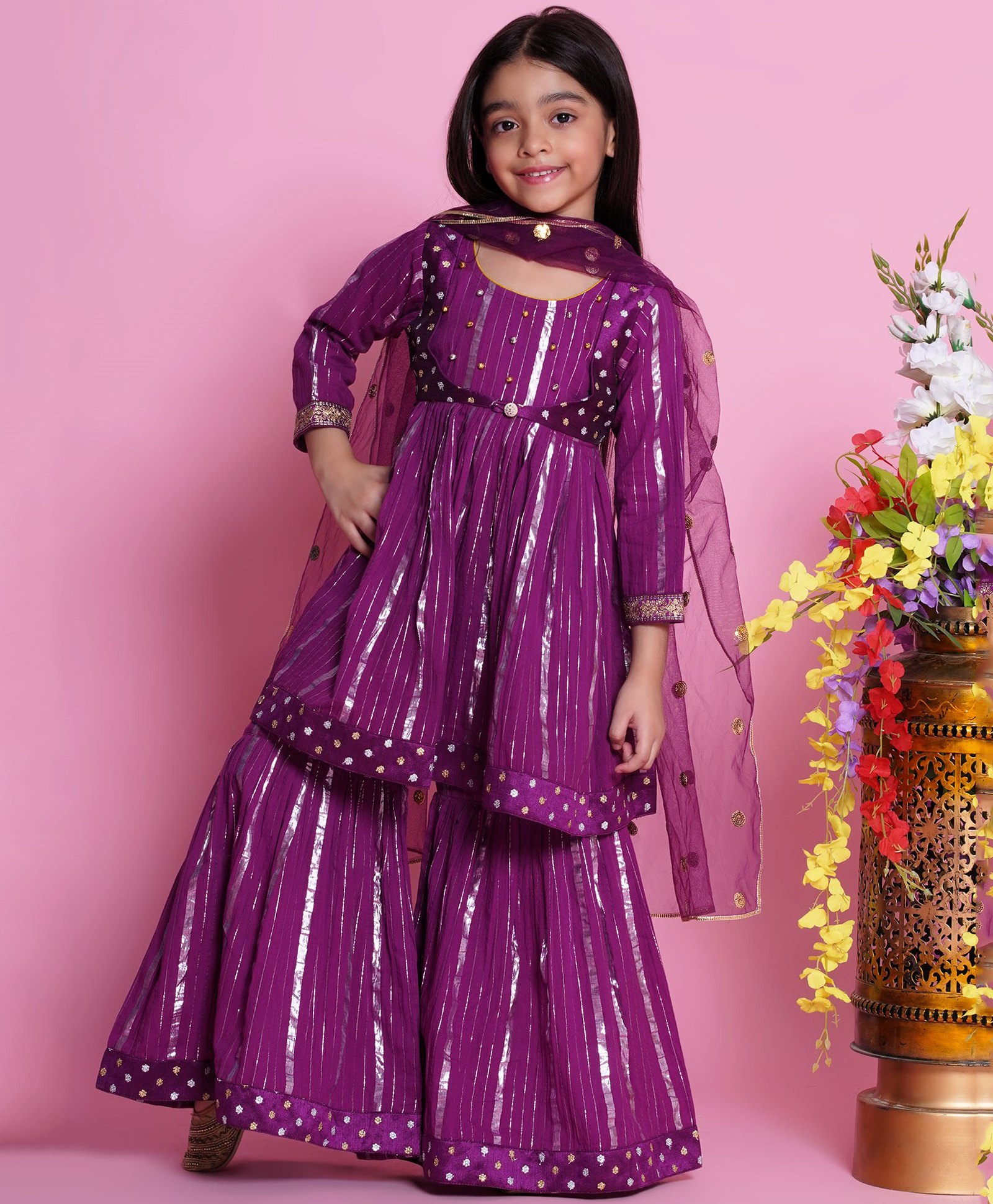 Little Bansi Three Fourth Sleeves Silver Striped Coordinating Kurta Sharara With Dupatta - Purple-image-5