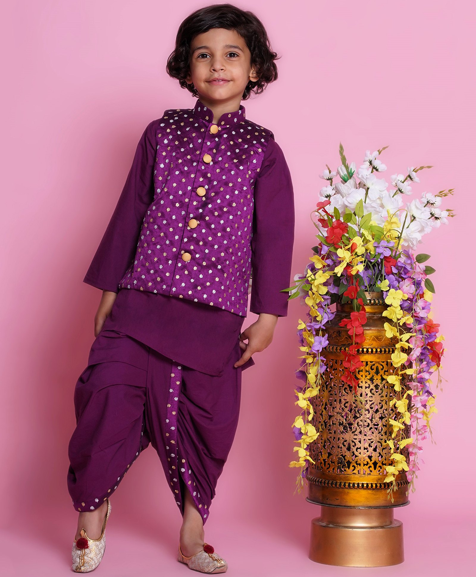 Little Bansi Cotton Full Sleeves Floral Foil Embroidered Kurta With Nehru Jacket & Dhoti - Purple-picture-16