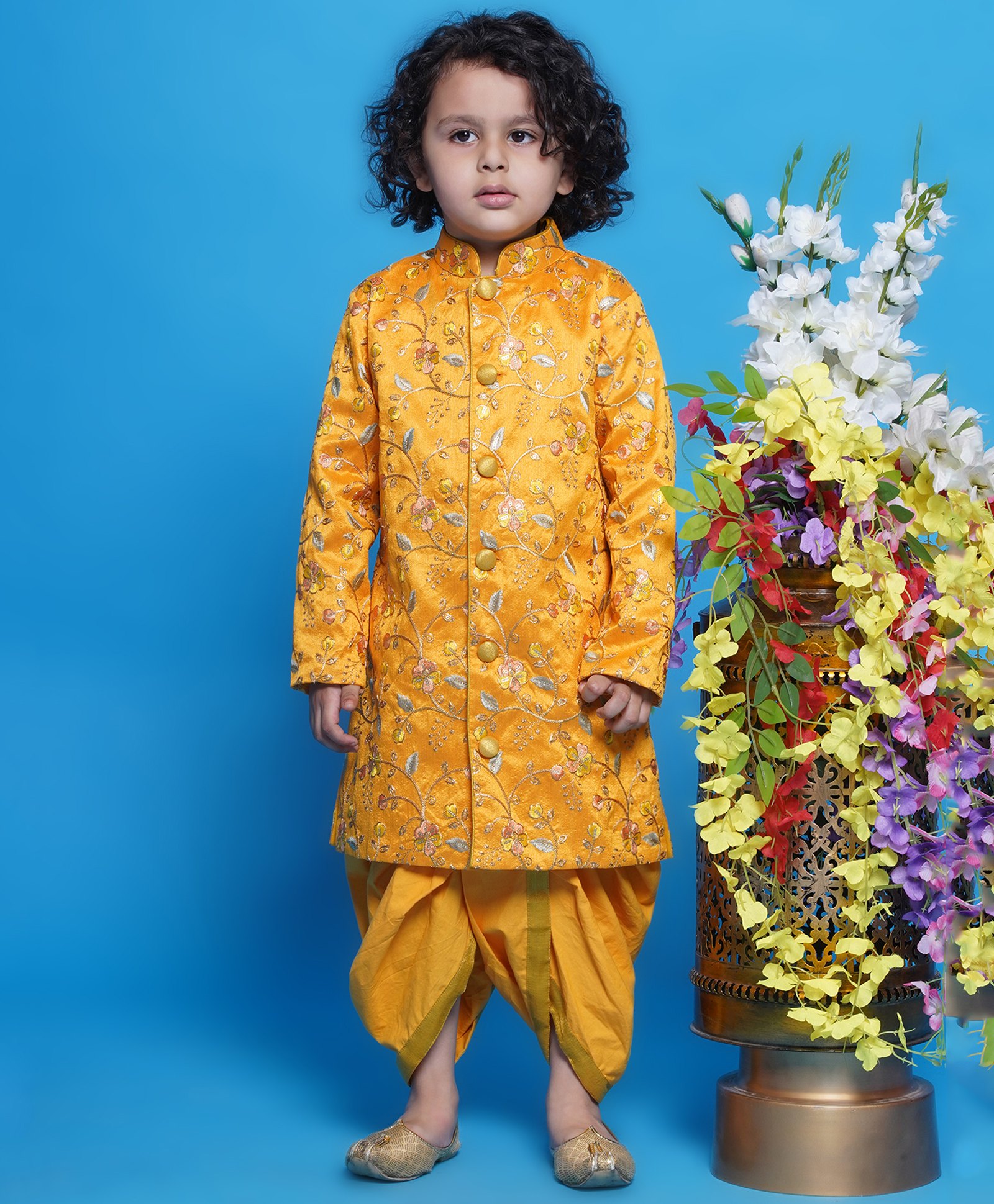 Little Bansi Mulberry Silk Full Sleeves Floral Embroidered & Sequins Embellished Sherwani With Dhoti - Yellow-image-10