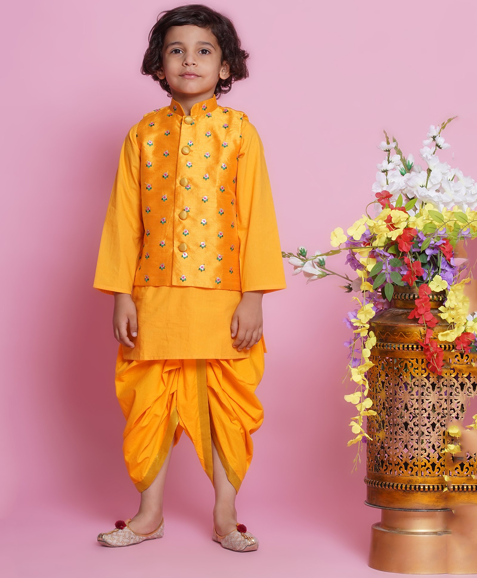 Little Bansi Cotton Full Sleeves Floral Embroidered Kurta With Dhoti & Nehru Jacket - Yellow-picture-24