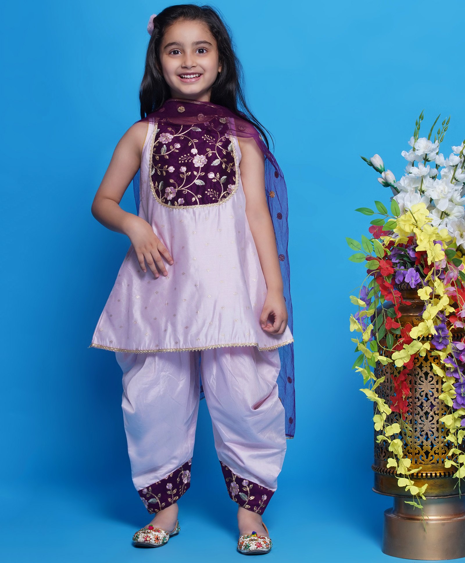 Little Bansi Sleevelesss Floral Embroidered Kurta With Dhoti & Dupatta - Pink-image-11