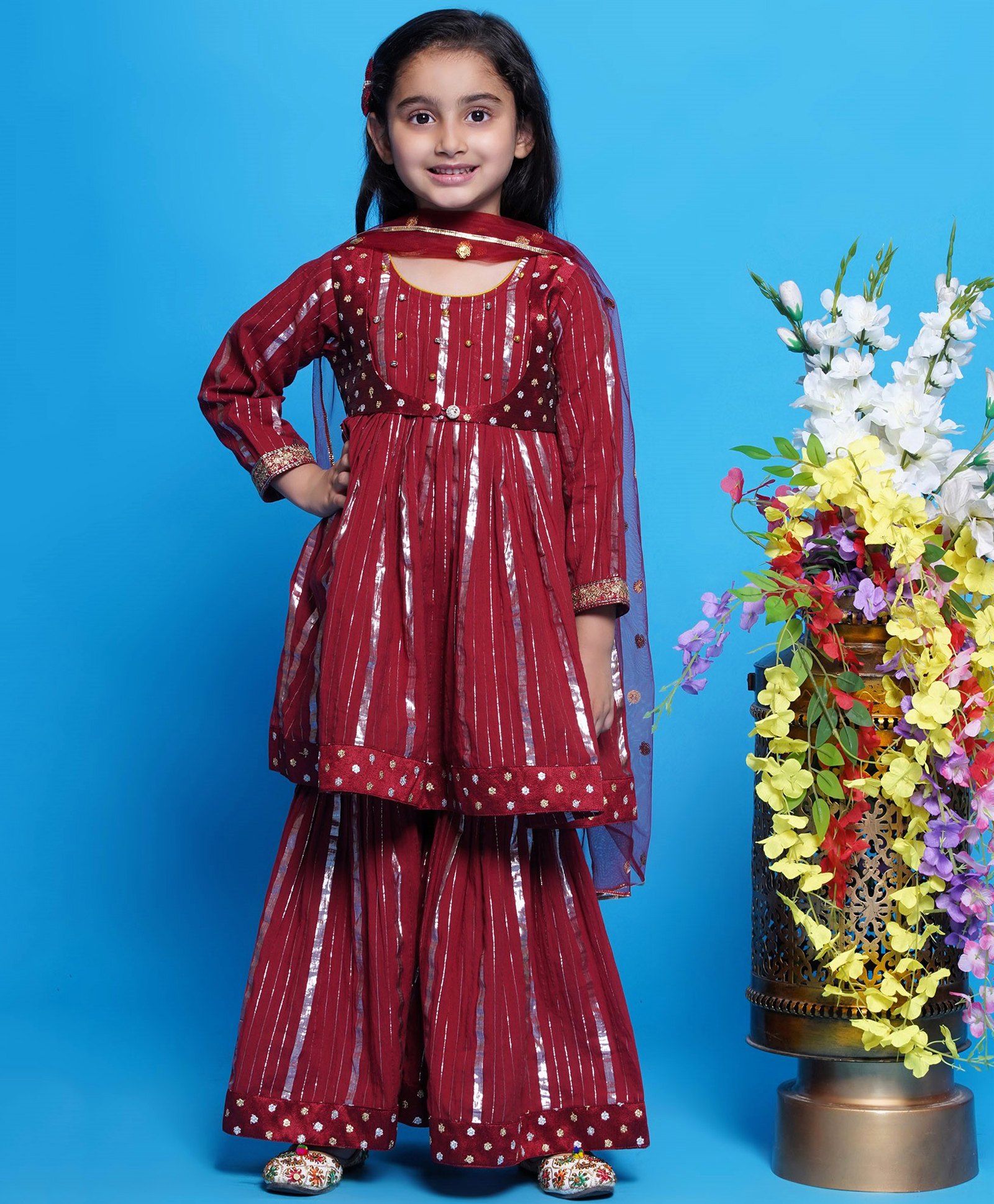 Little Bansi Cotton Three Fourth Sleeves Silver Striped Kurta Sharara With Jacket And Dupatta With Gold & Silver Floral Embroidery & Ghungroo Work - Maroon-picture-15