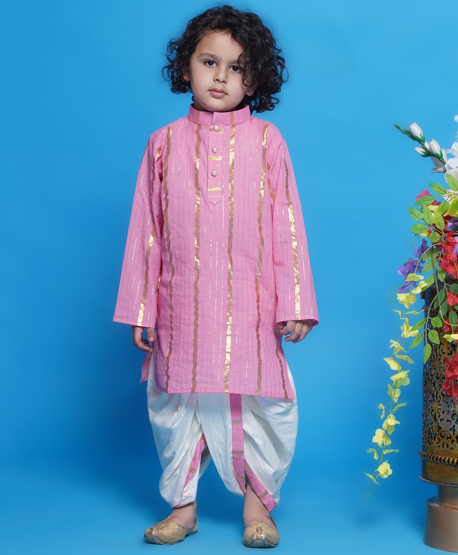 Little Bansi Cotton Full Sleeves Foil Striped Embellished Kurta With Pearl Buttons & Coordinating Dhoti - Pink-picture-40
