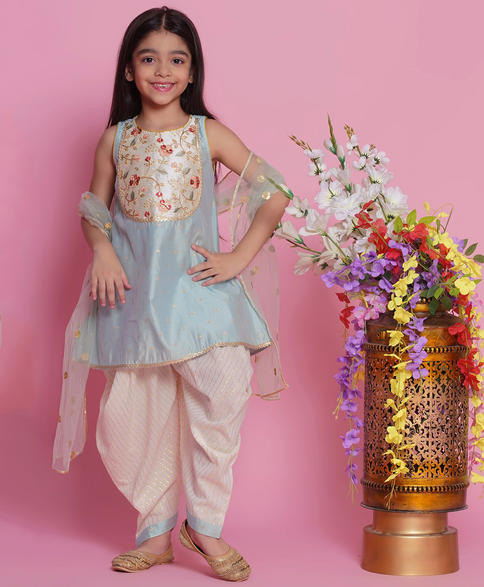 Little Bansi Sleeveless Sequin Floral Embroidered & Lace Embellished Kurta Dhoti With Dupatta - Dolphin Blue-picture-23