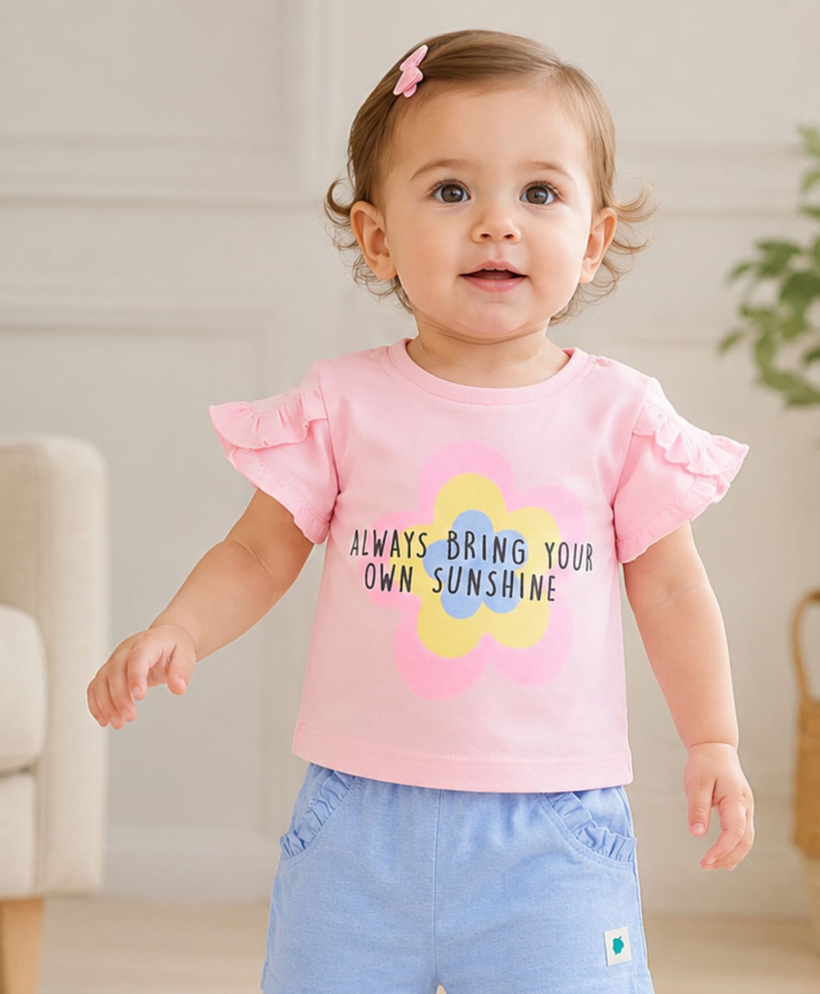My Milestones Pure Cotton Frill Sleeves Floral & Text Printed Top - Pink-image-44