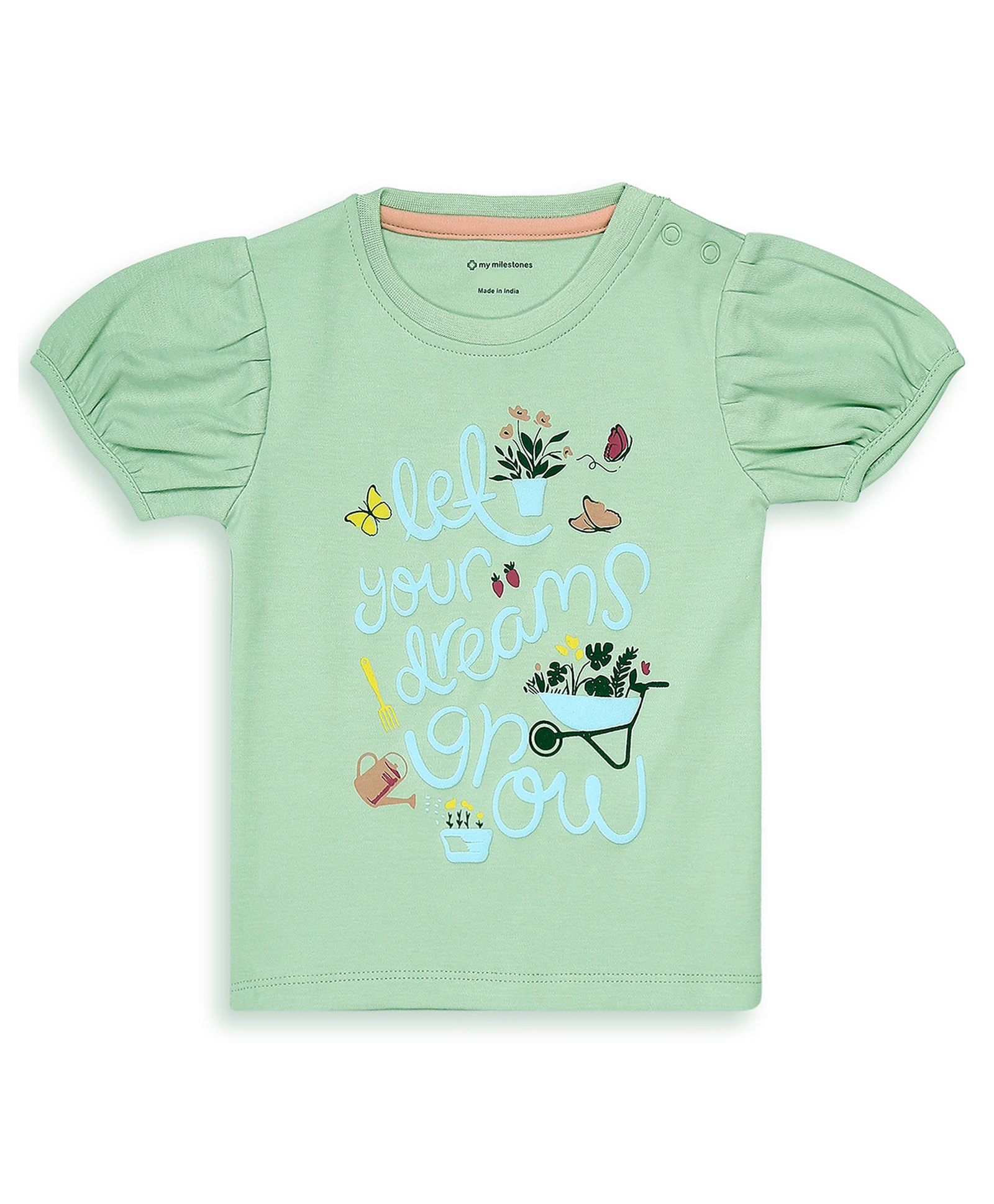 My Milestones 100% Cotton Puffed Sleeves Text & Garden Theme Printed Top - Sage Green-picture-17