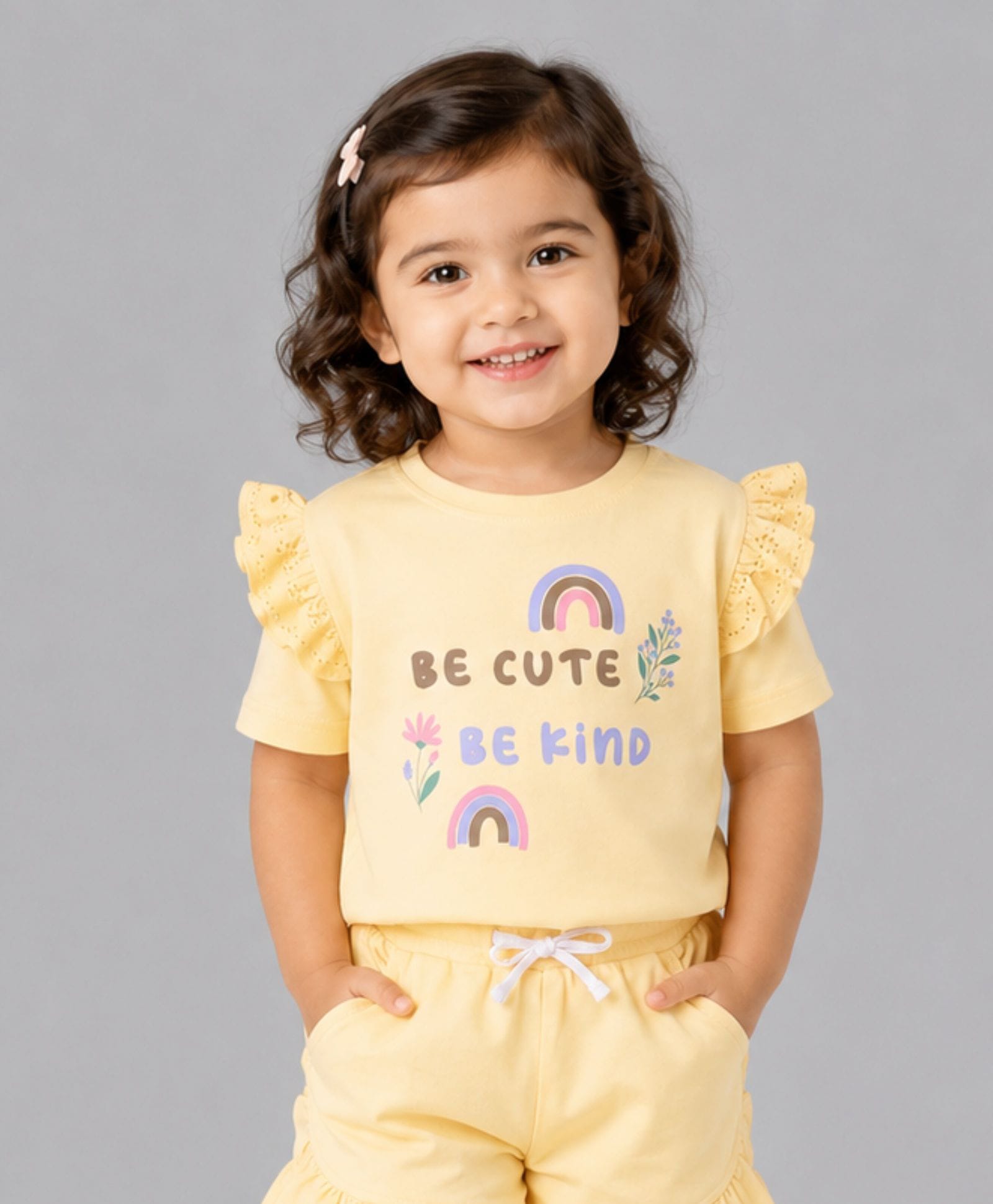 My Milestones Pure Cotton Ruffle Sleeves Text & Rainbow Printed Top - Yellow-picture-12