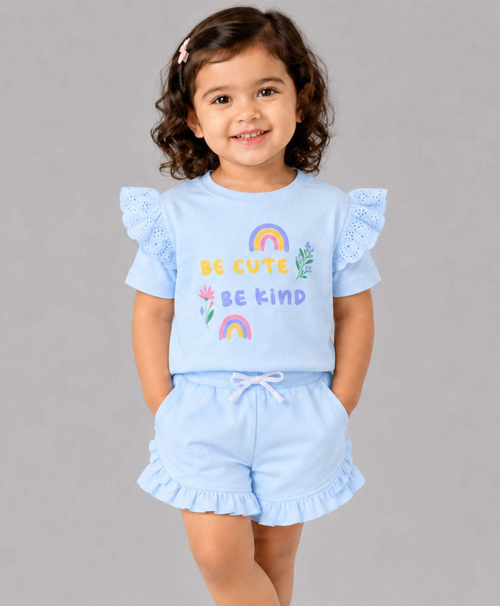 My Milestones Pure Cotton Ruffle Sleeves Text & Rainbow Printed Top - Baby Blue-picture-23