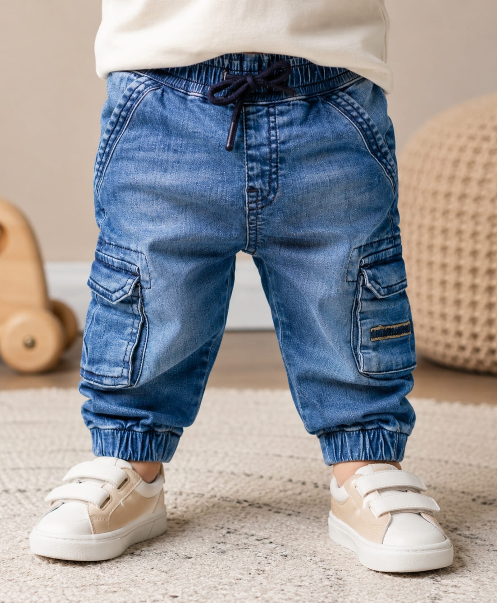 My Milestones 100% Cotton Denim Mild Washed Pocket Detailed Jeans - Blue-picture-17