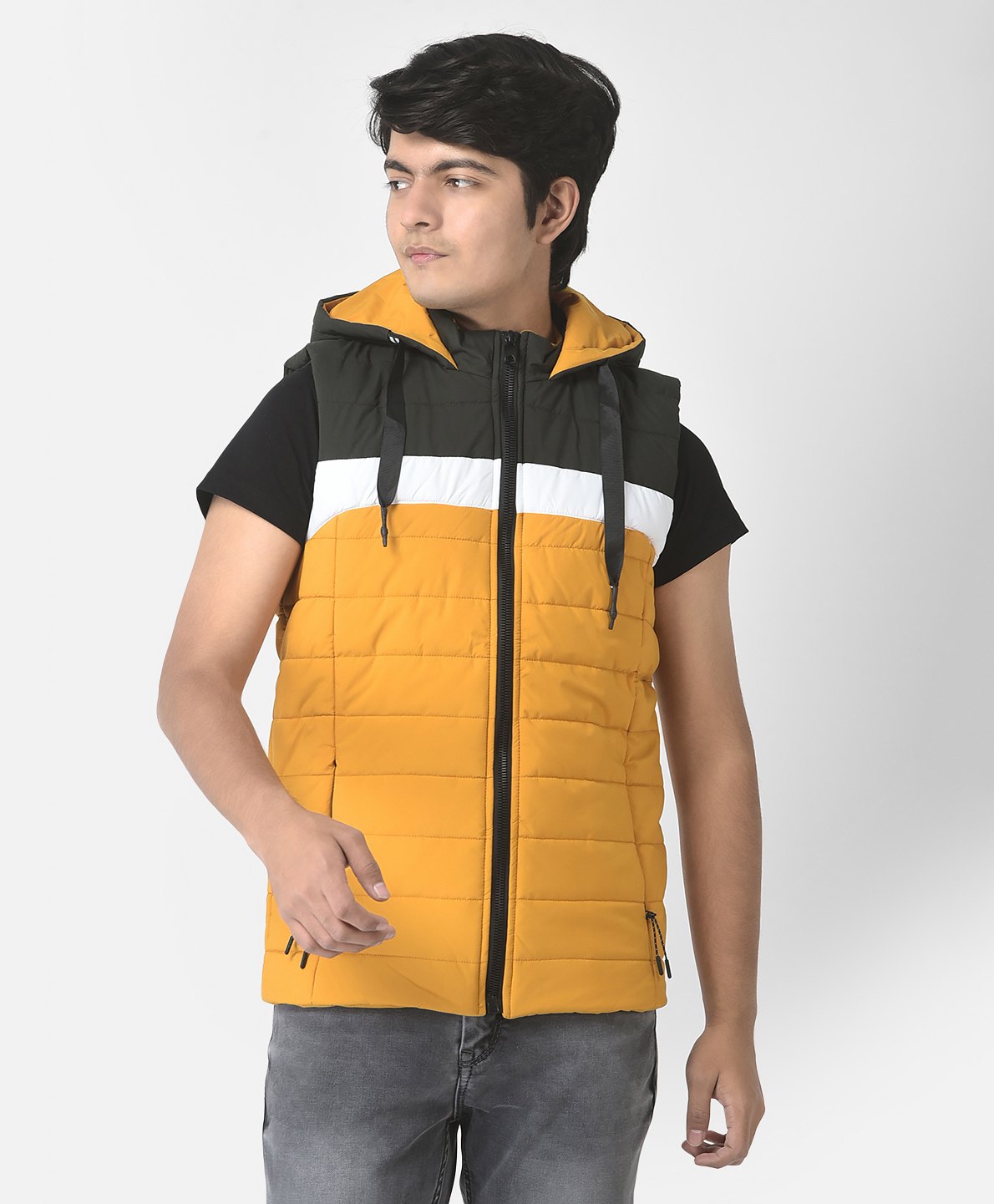 CRIMSOUNE CLUB Sleeveless Colour Block Hooded Jacket - Mustard-image-0