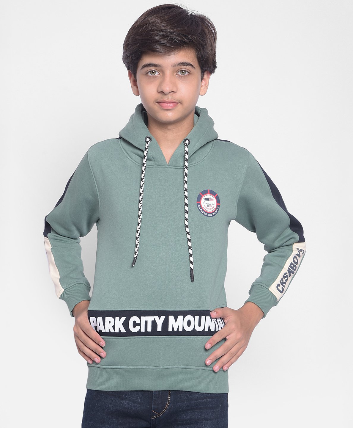 CRIMSOUNE CLUB Cotton Full Sleeves Park City Mountain Text Printed Hooded Sweatshirt -Green-image-5