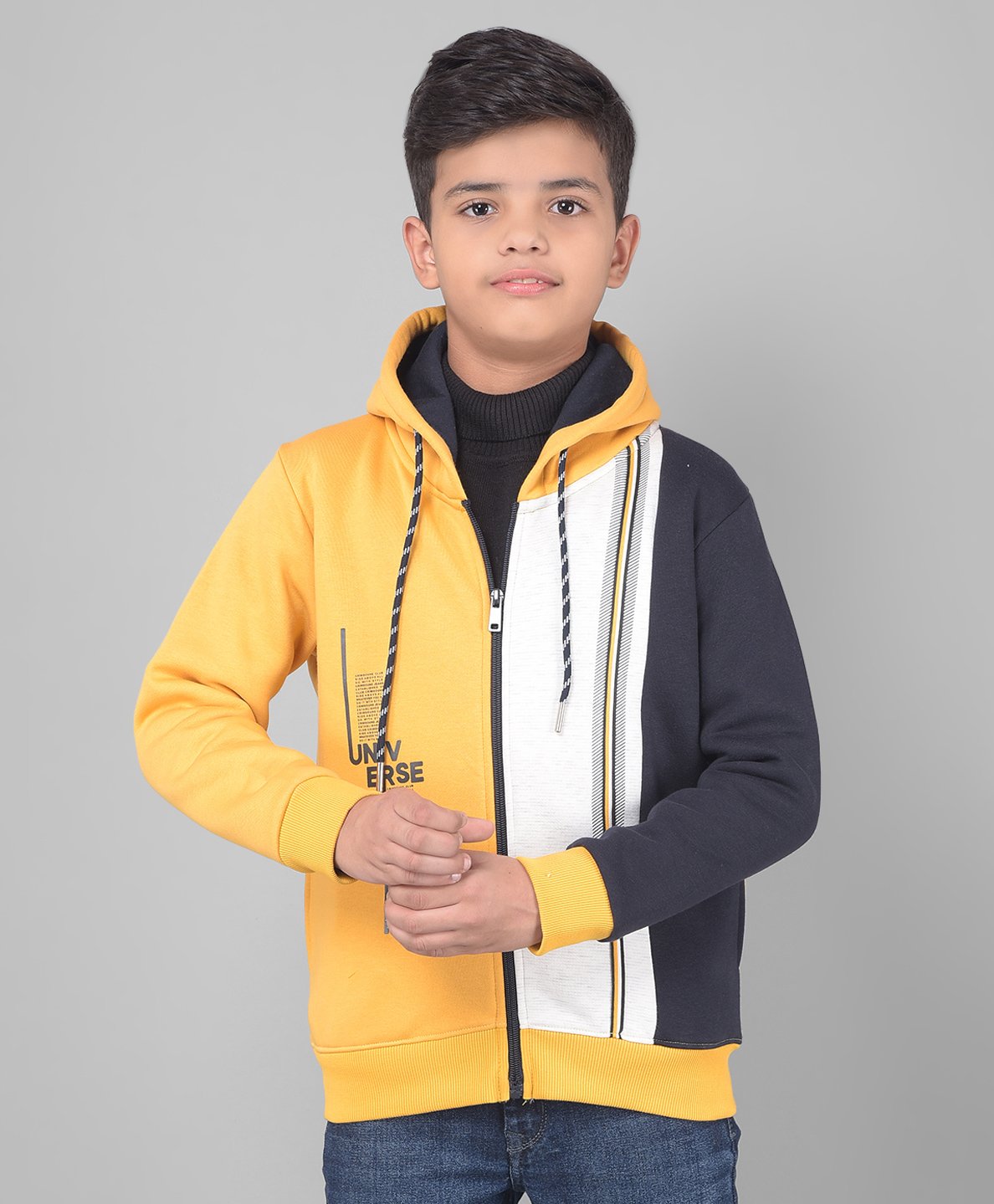 CRIMSOUNE CLUB Cotton Full Sleeves Colour Blocked Universe Text Printed Hooded Sweatshirt With Zipper - Yellow-picture-25