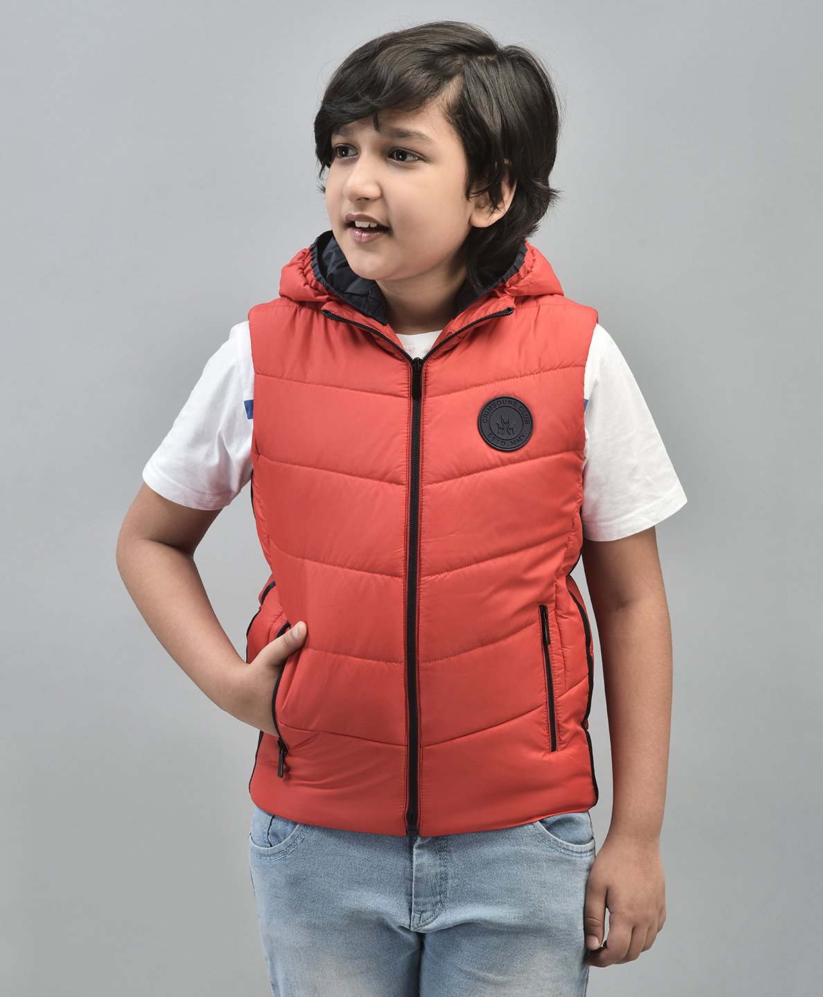 CRIMSOUNE CLUB Sleeveless Solid Padded Hooded Jacket - Red-image-35