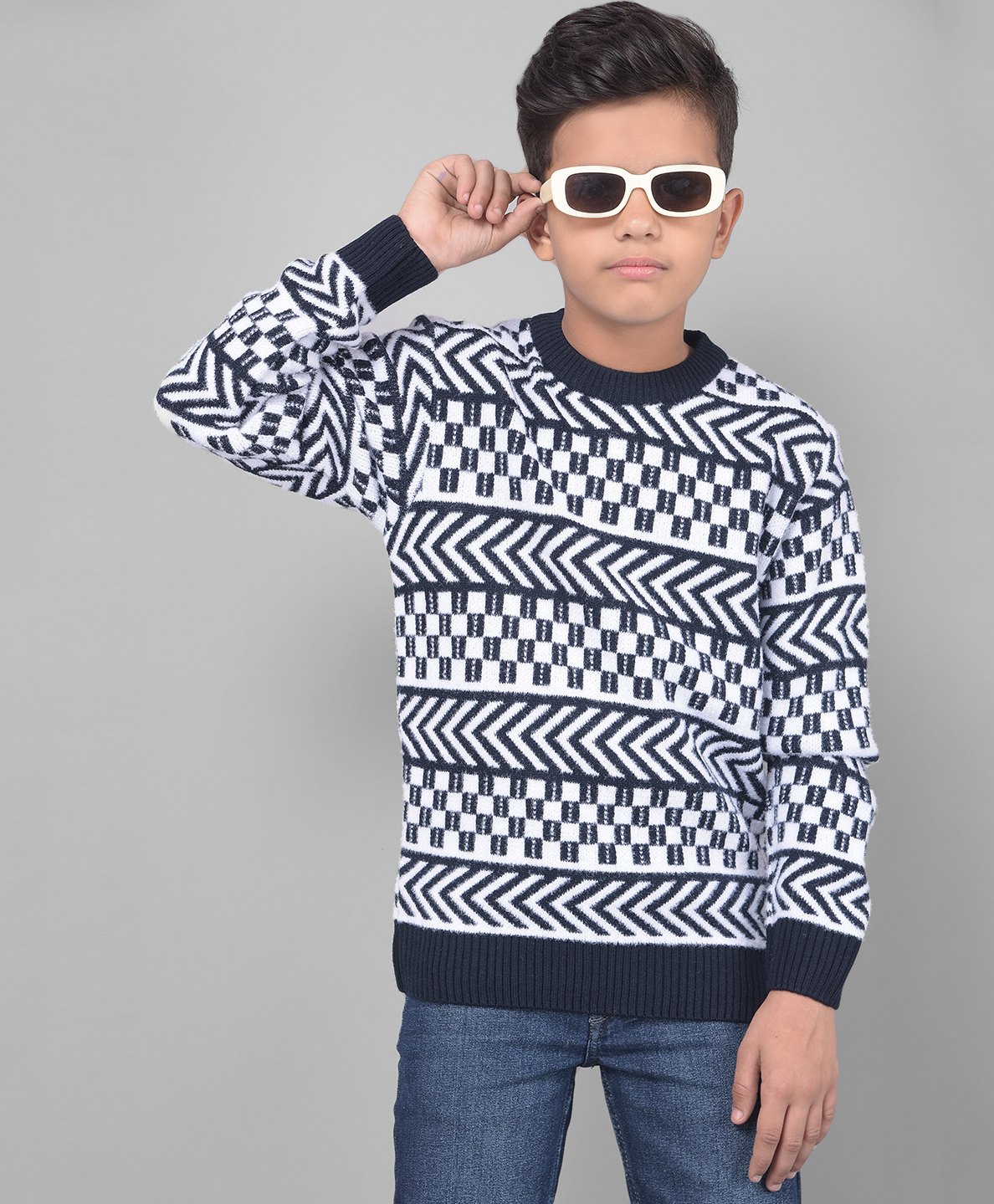 CRIMSOUNE CLUB Full Sleeves Abstract Designed  Sweater - Navy-picture-25