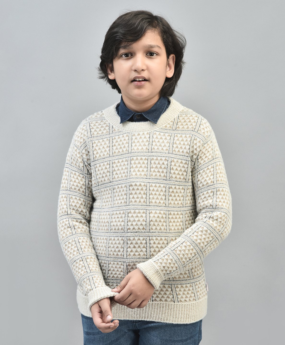 CRIMSOUNE CLUB Full Sleeves Checked Motif Design Sweater - Beige-image-37