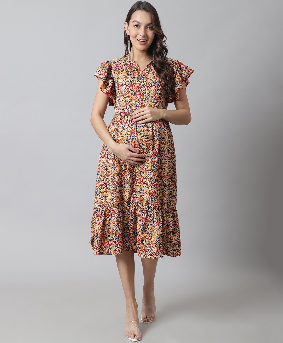 Moms Maternity Half Frill Sleeves Floral Printed Maternity Dress With Concealed Zipper Nursing Access - Navy Blue-image-37