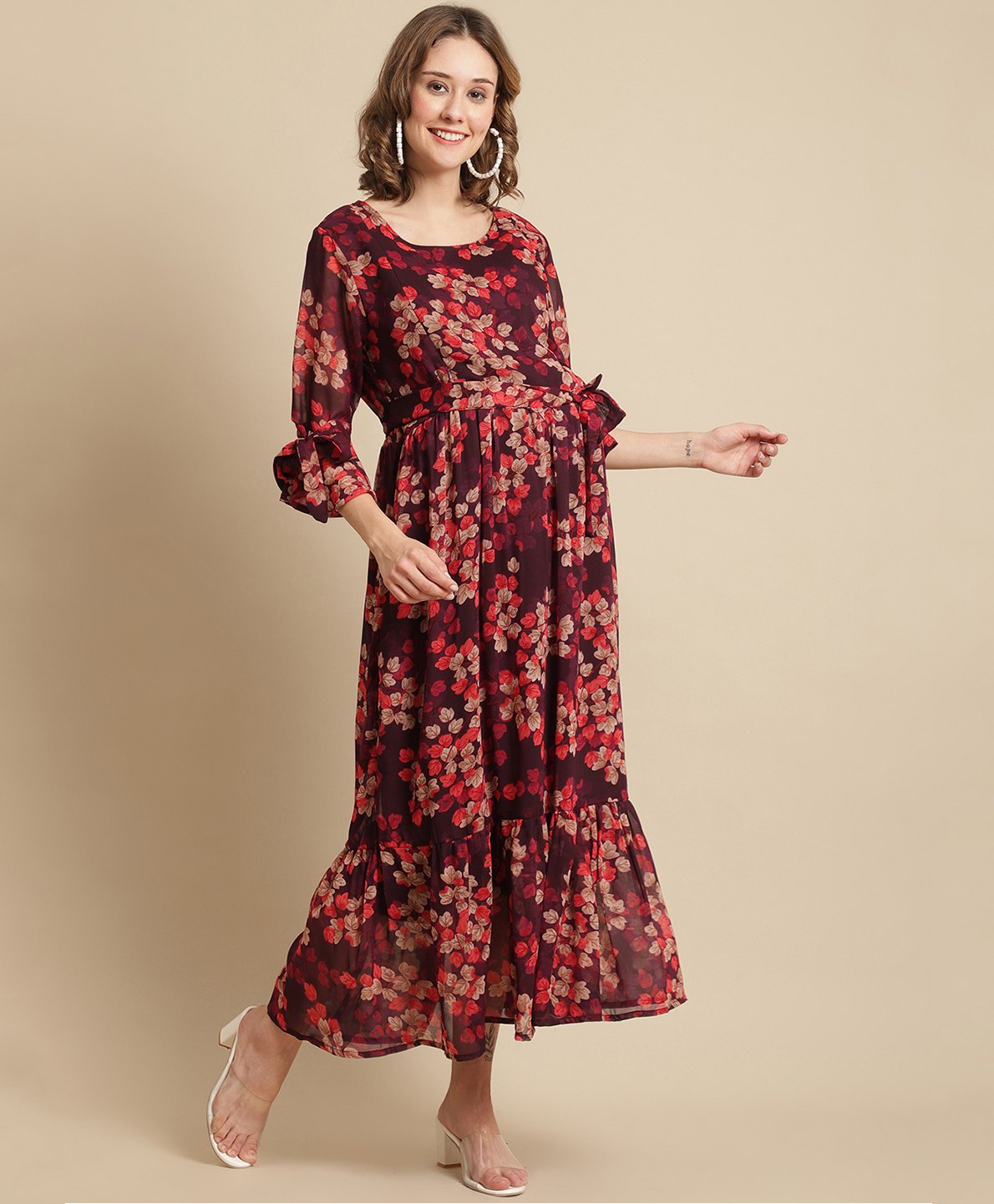 Moms Maternity Three Fourth Sleeves Floral Printed Maternity Dress With Concealed Zipper Nursing Access - Purple-picture-11