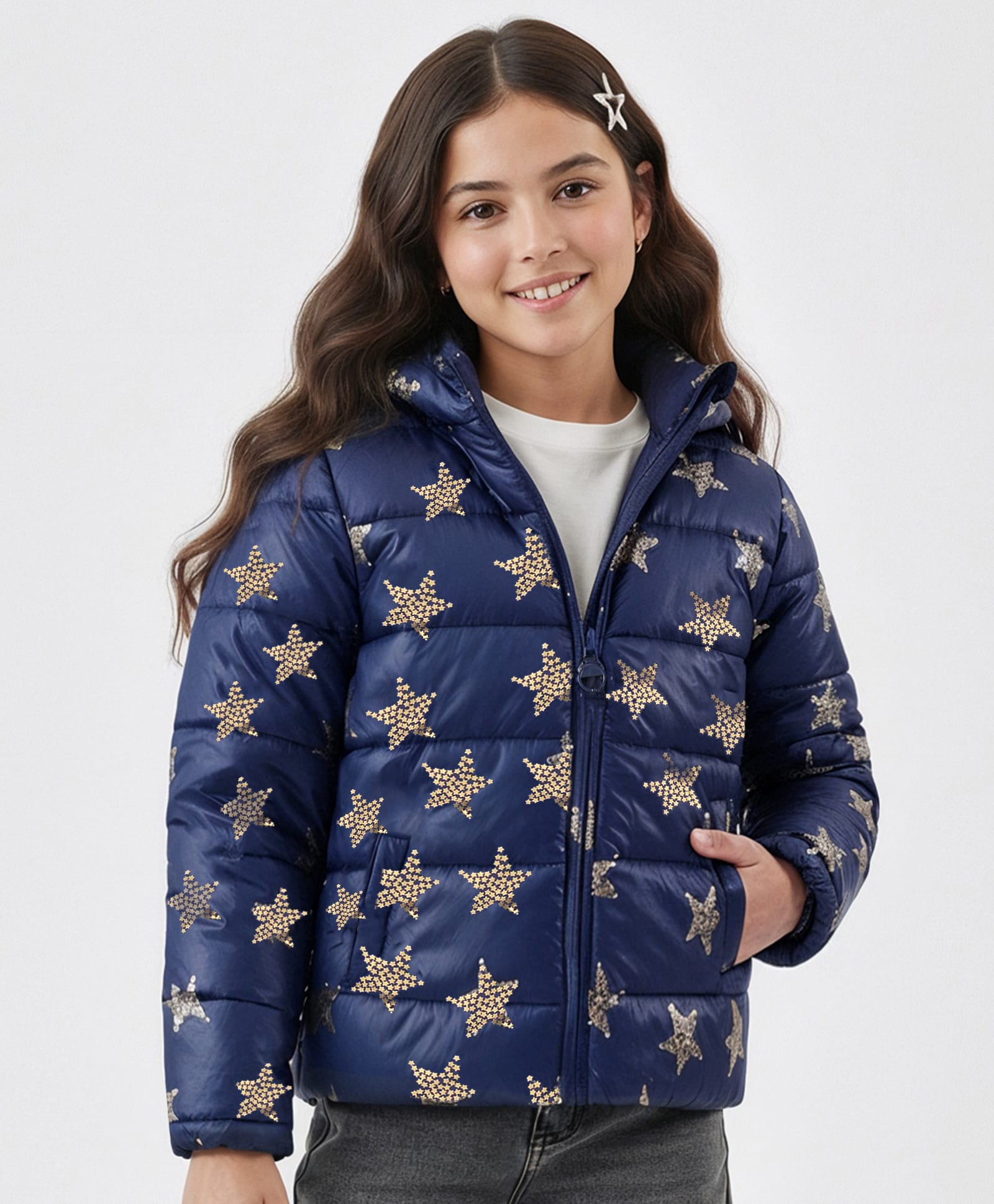 Pine Kids Woven Full Sleeves Front Open Padded Hooded Jacket with Foil Star Print - Navy Blue-image-49