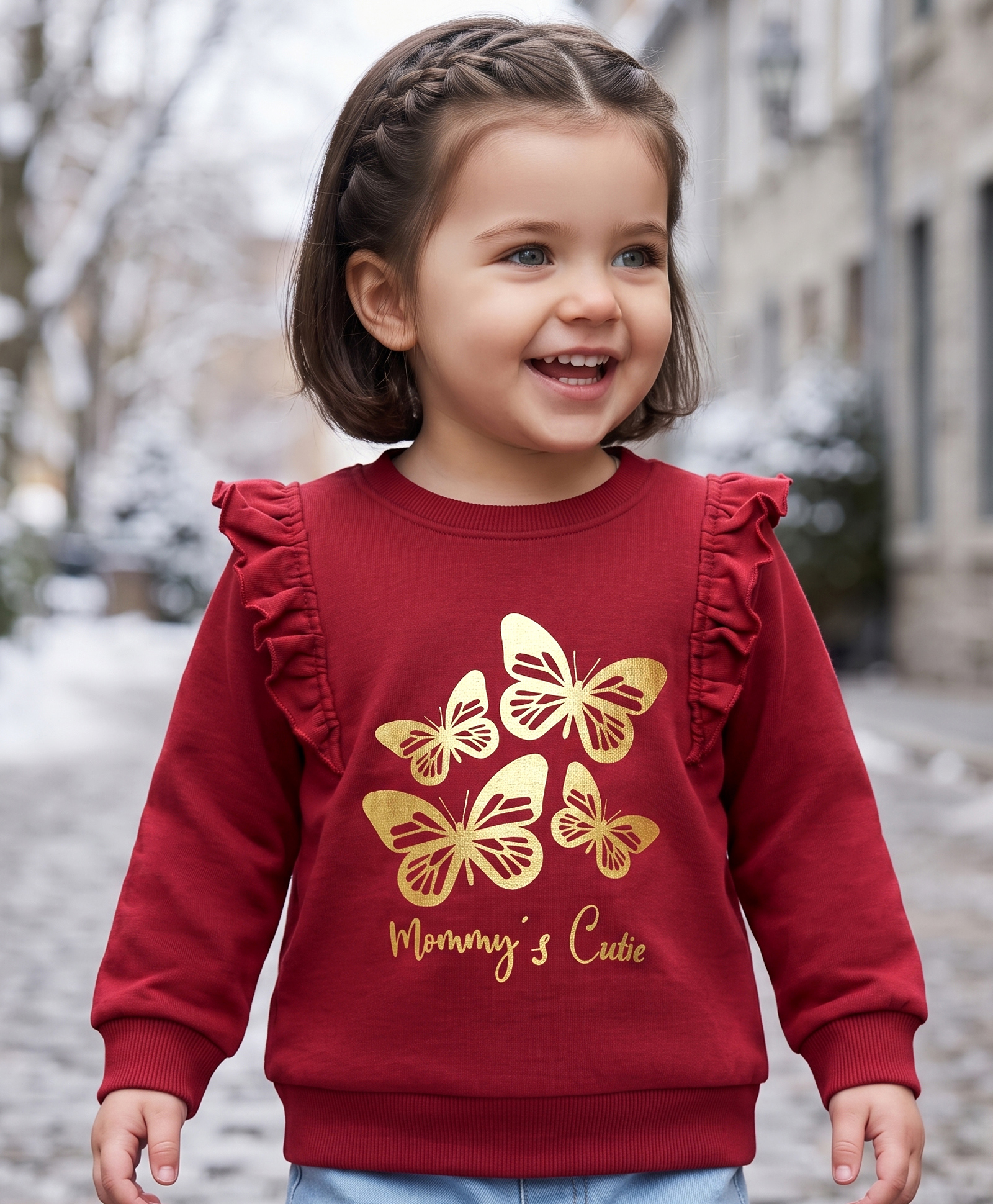 Babyoye 100% Cotton Full Sleeves  Sweatshirt with Frill Detailing & Butterfly Print - Dark Pink-image-33