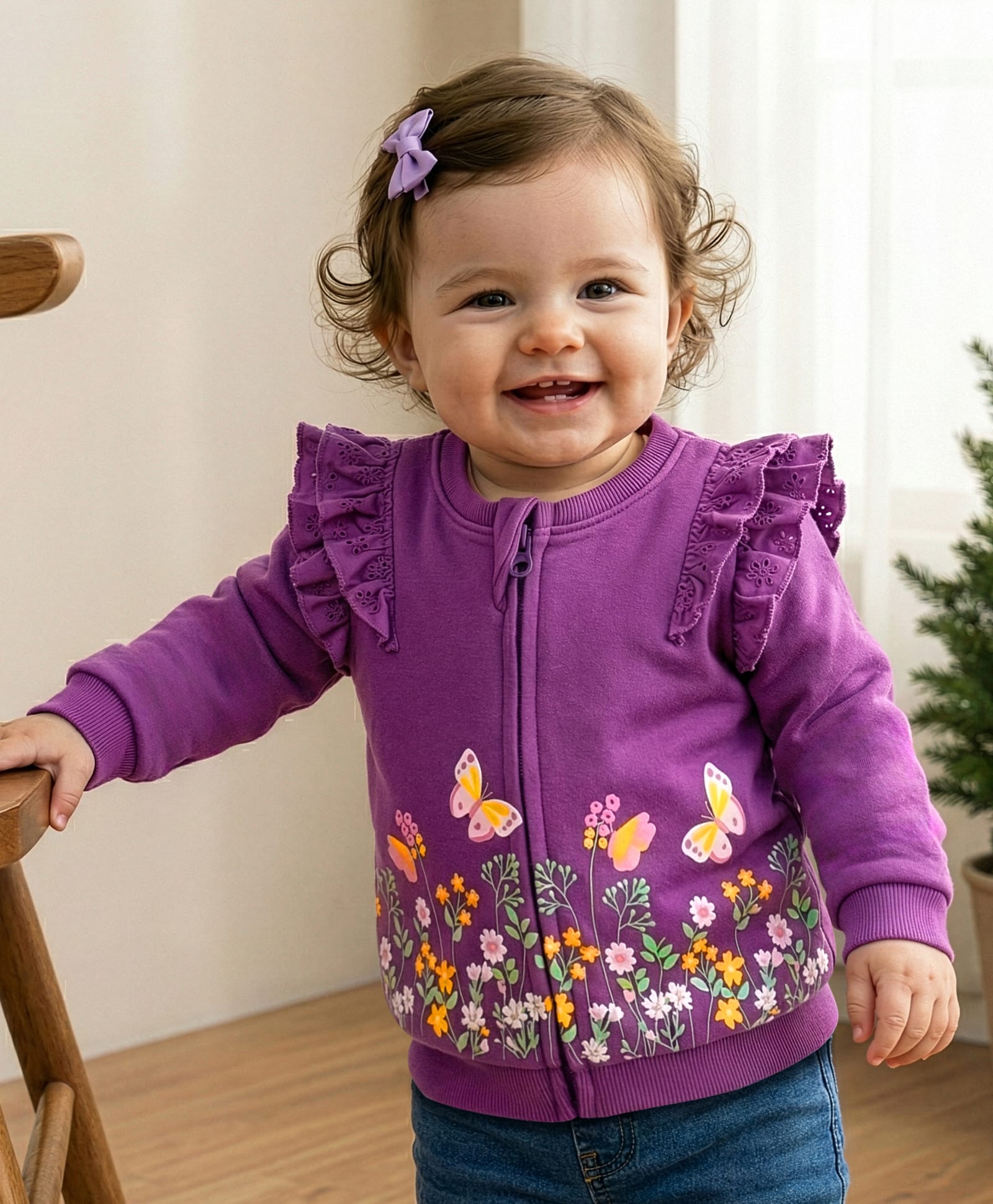 Babyoye Cotton Knit full Sleeves Front Open Sweatshirt With Floral Print & Frill Detailing - Purple-image-39