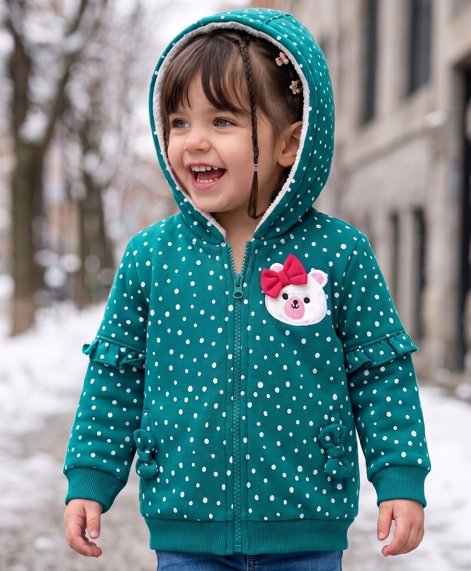 Babyoye 100% Cotton Knit Full Sleeves Sweatshirt With Polka Dots Print & Bow Applique - Green-picture-28