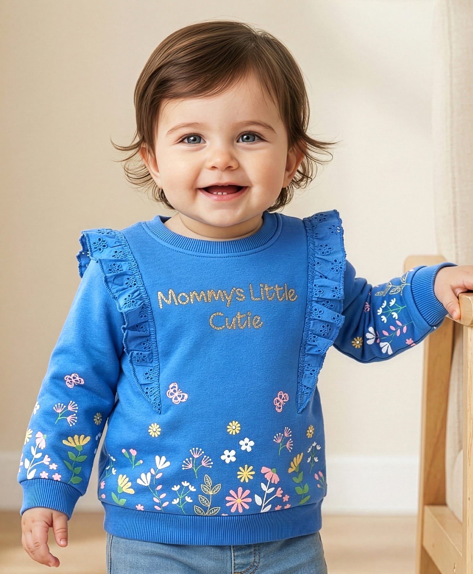 Babyoye 100% Cotton Knit Full Sleeves Sweatshirt With Floral Print & Frill Detailing - Blue
