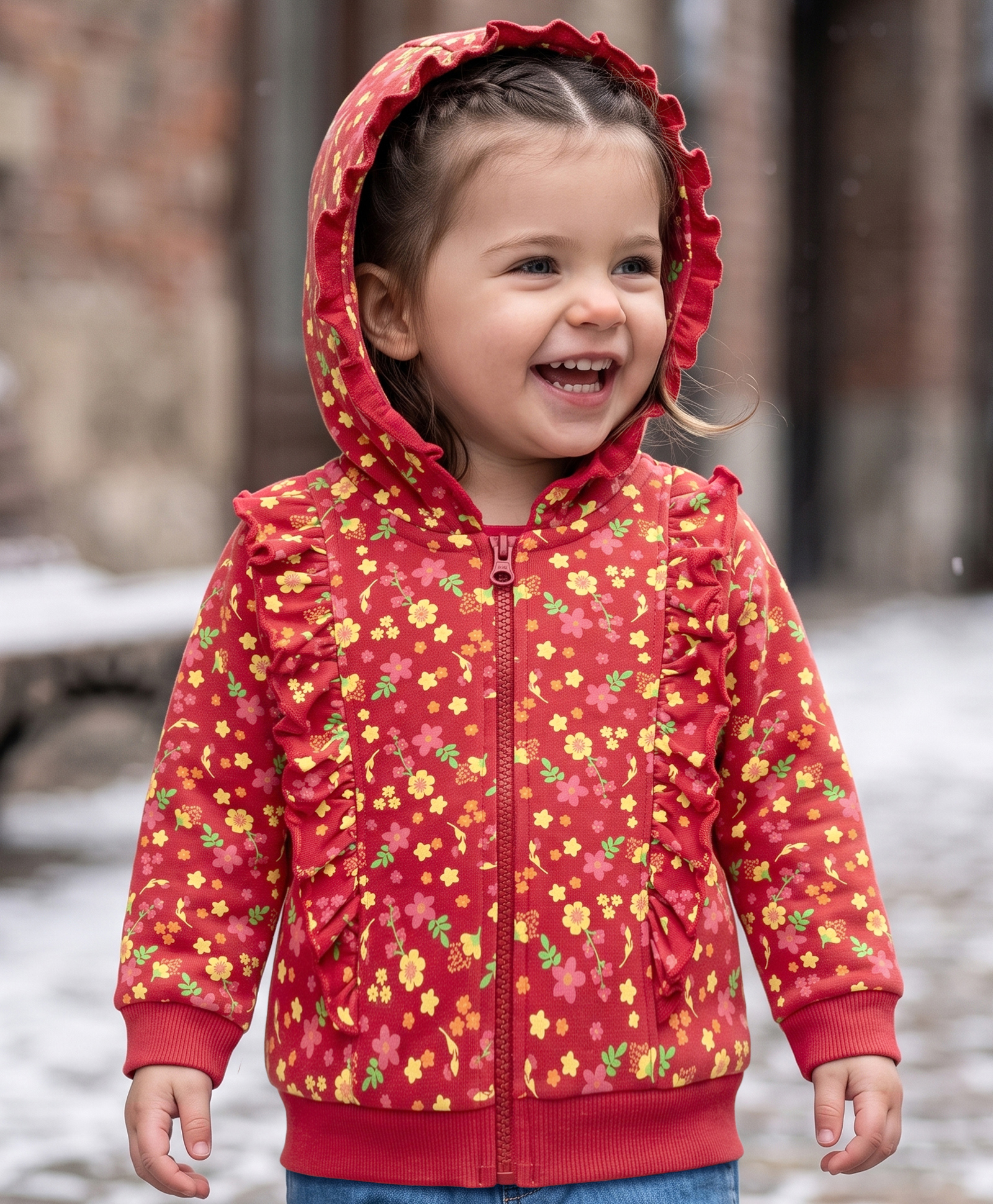 Babyoye 100% Cotton Full Sleeves Hooded SweatJacket with Frill Detailing & Floral Print - Dark Red-picture-16