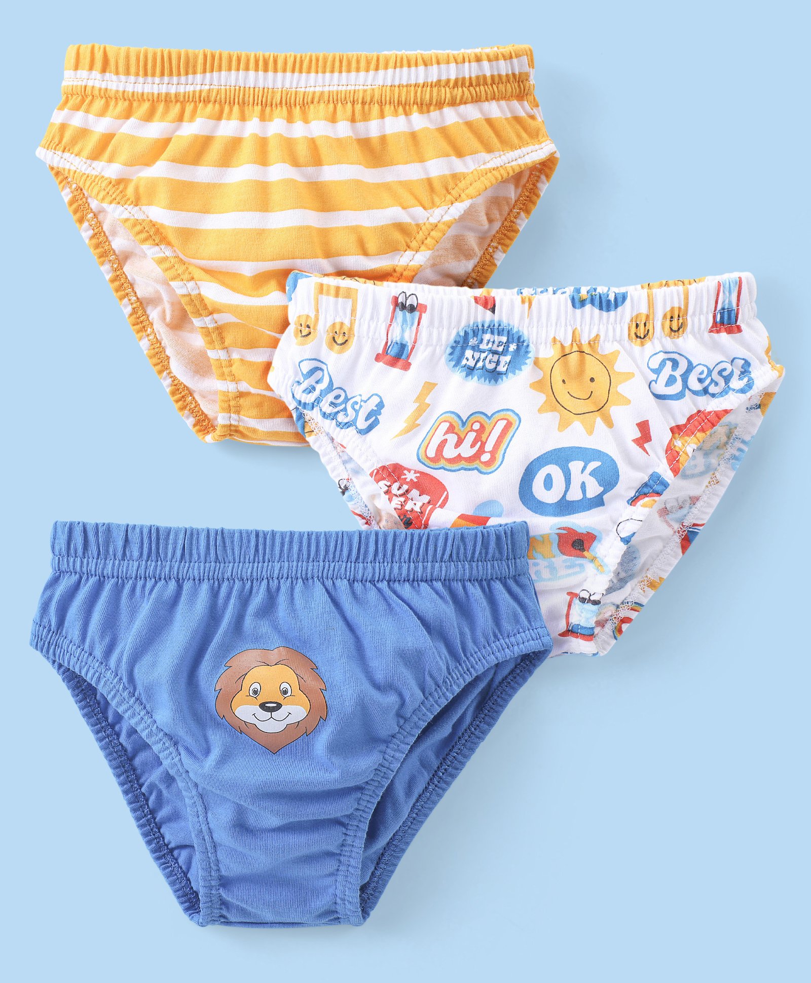 Babyhug Single Jersey Cotton Knit Briefs With Stripes & Lion Print Pack Of 3 - Blue White & Yellow-image-33