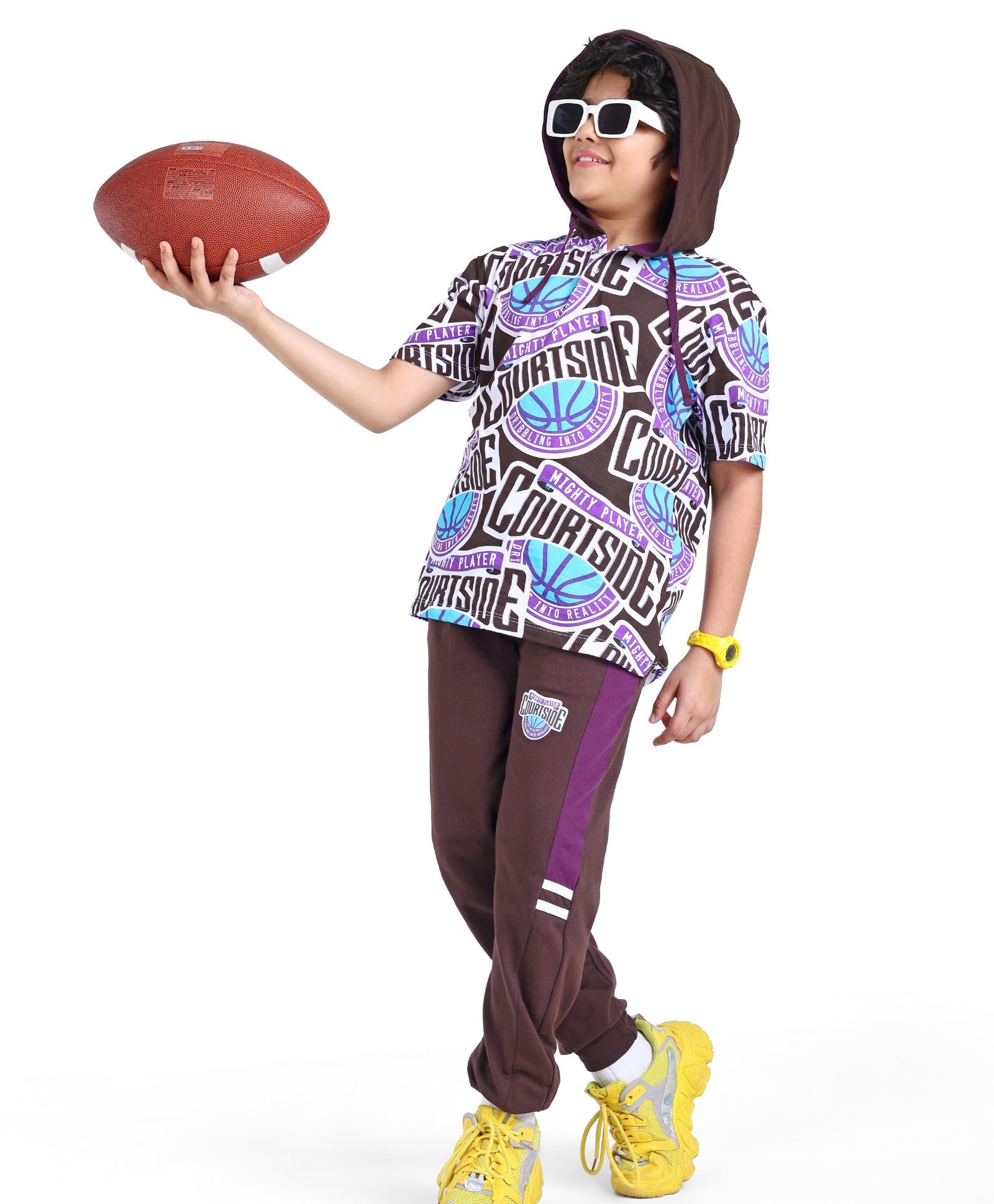 Ollington St. 100% Cotton Knit Half Sleeves Hooded T-Shirt & Joggers Set With Basketball Print - Multicolor-picture-16