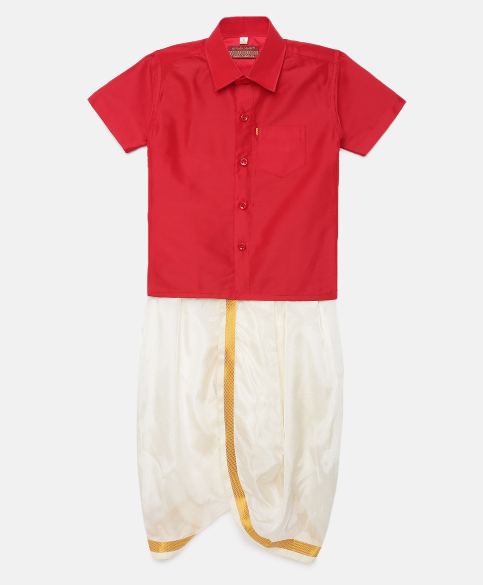 THANGAMAGAN Half Sleeves Solid Shirt & Dhoti Set - Dark Pink Red-image-39