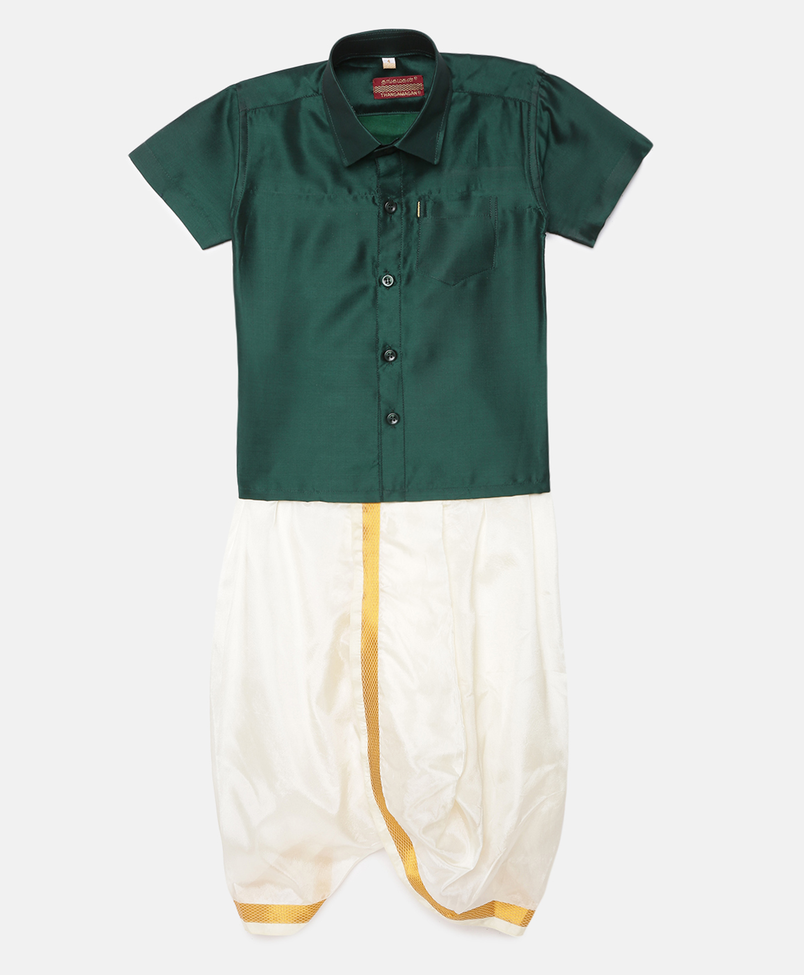 THANGAMAGAN Half Sleeves Solid Shirt & Dhoti Set -  Bottle Green-picture-9