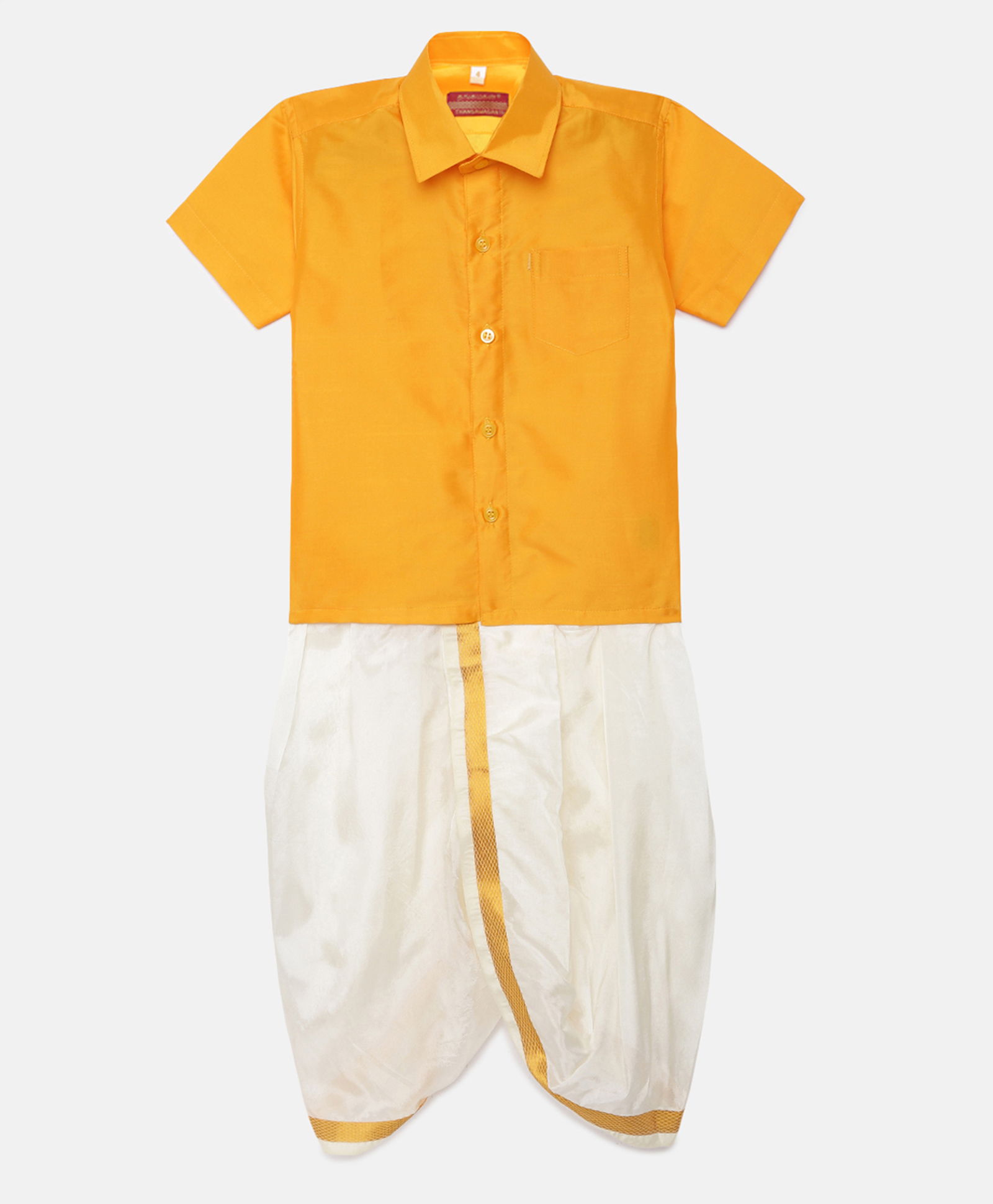 THANGAMAGAN Half Sleeves Solid Shirt & Dhoti Set - Yellow-image-5