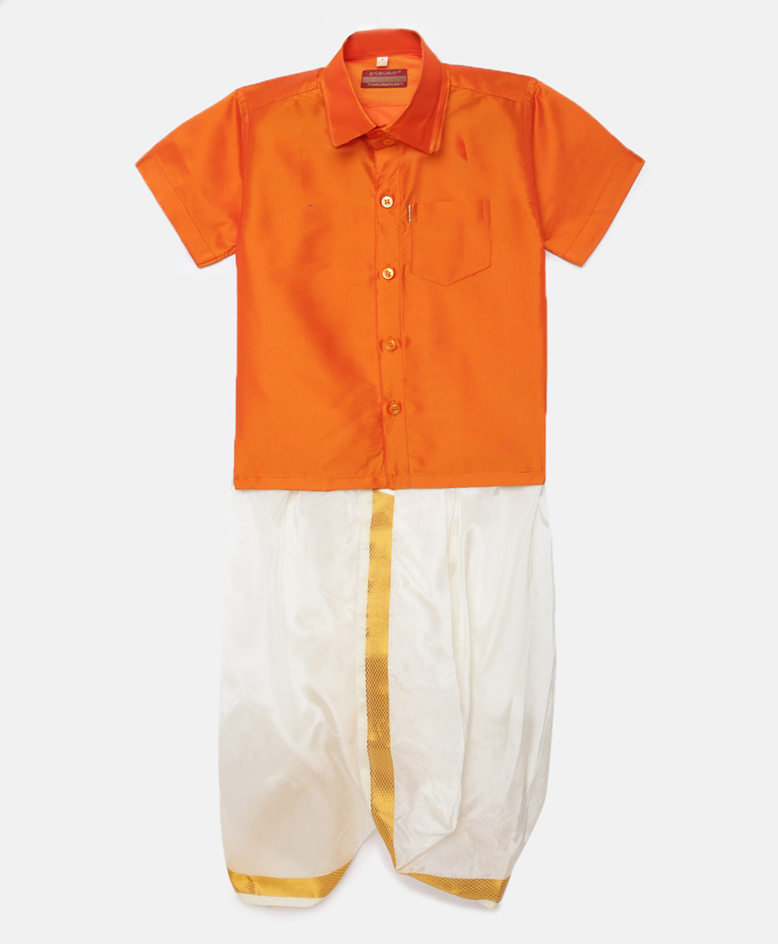 THANGAMAGAN Half Sleeves Solid Shirt & Dhoti Set - Orange-picture-1