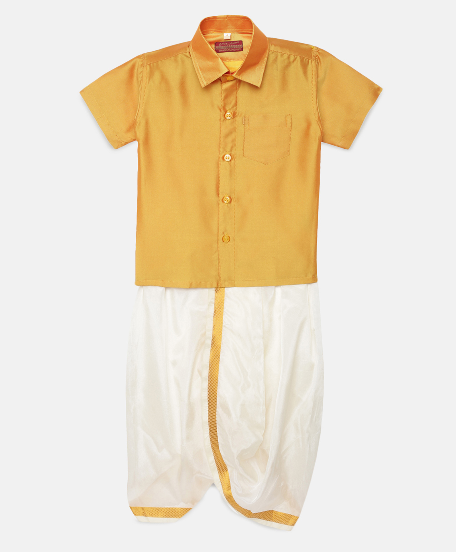 THANGAMAGAN Half Sleeves Solid Shirt & Dhoti Set - Golden-picture-14