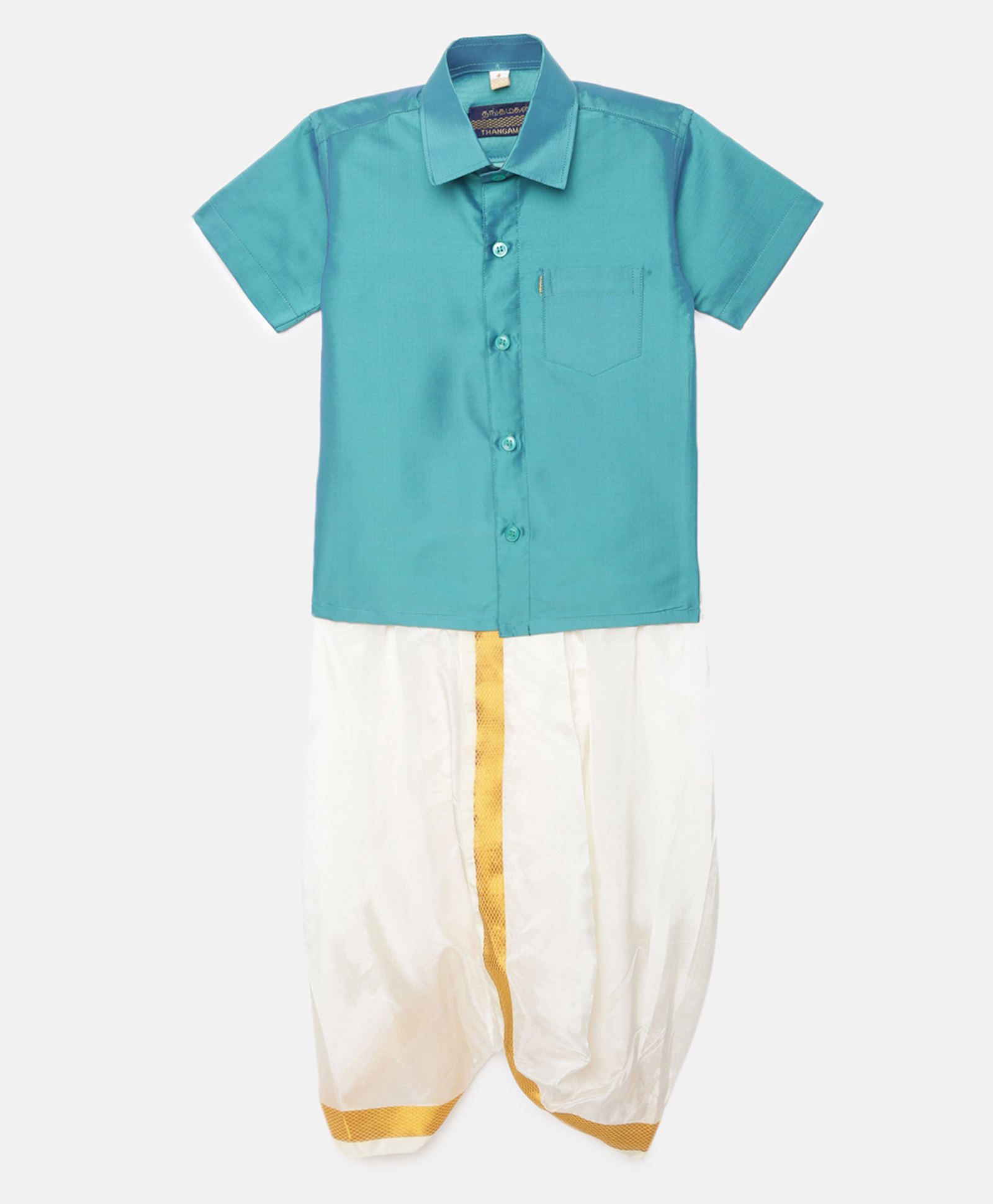 THANGAMAGAN Half Sleeves Solid Shirt & Dhoti Set -  Sky Blue-image-41