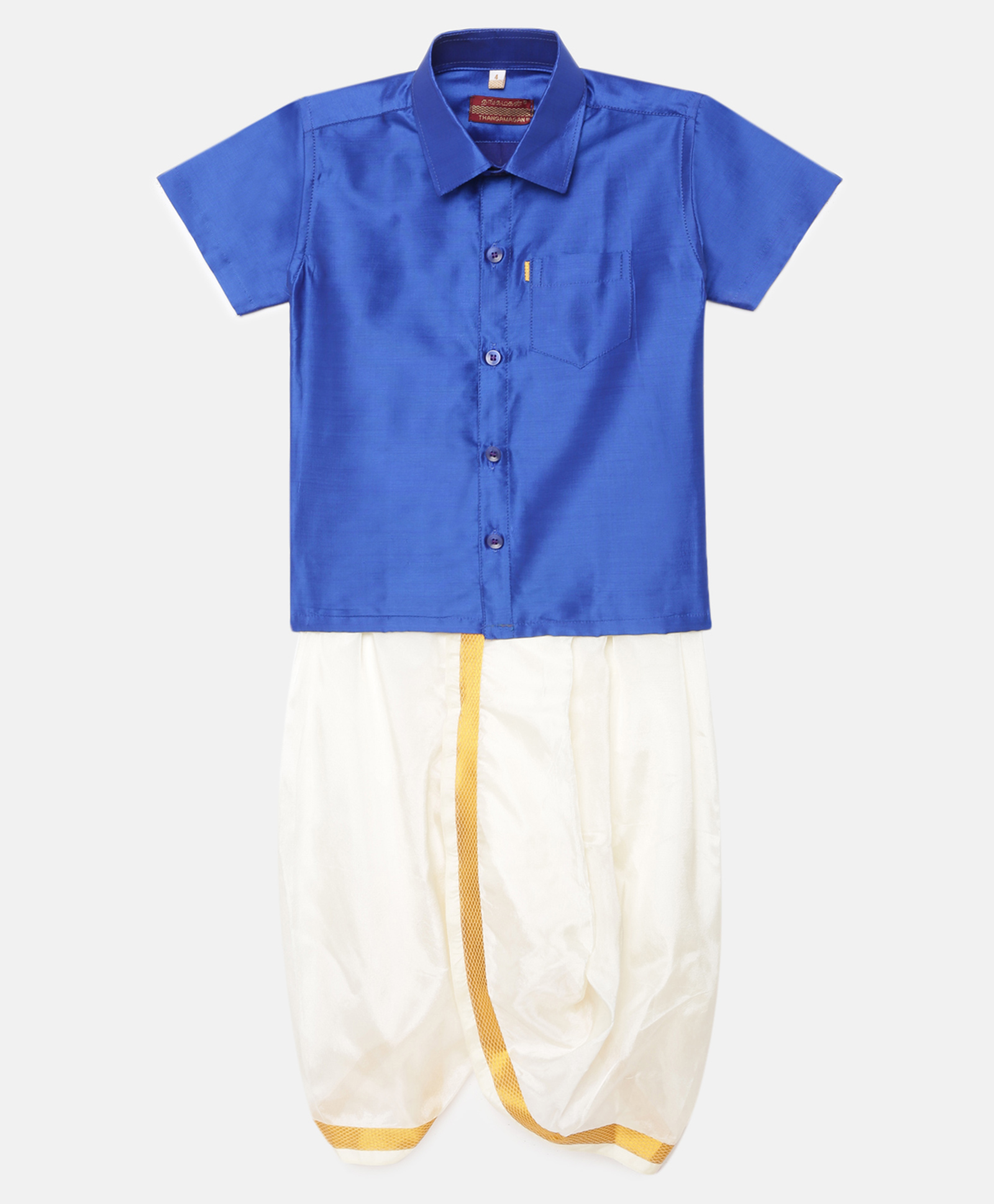 THANGAMAGAN Half Sleeves Solid Shirt & Dhoti Set -  Indigo Blue-image-49
