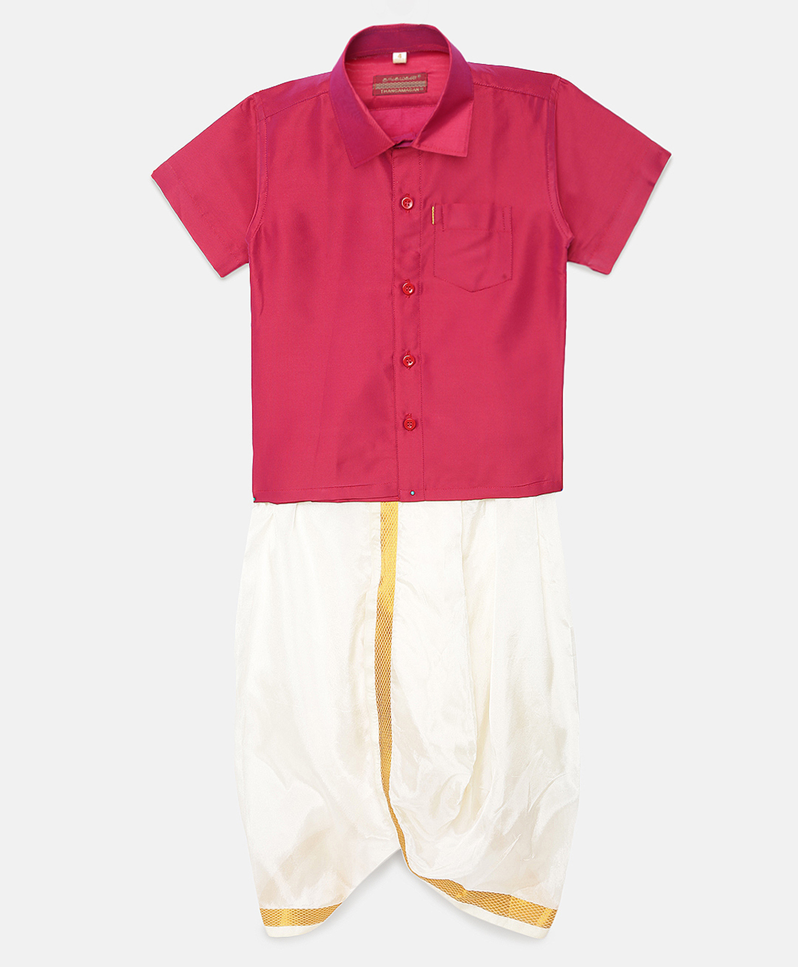 THANGAMAGAN Half Sleeves Solid Shirt & Dhoti Set - Red-image-48