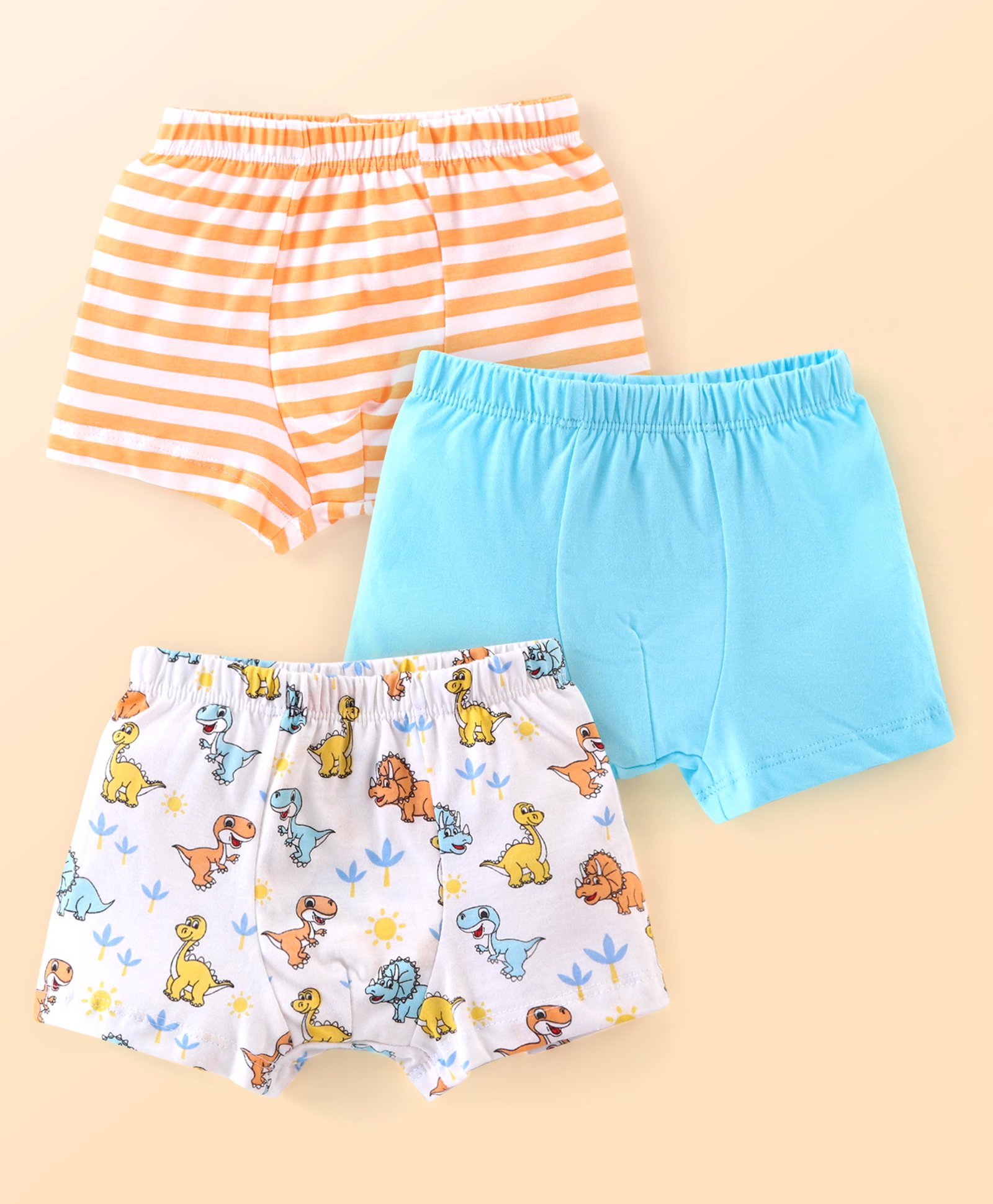 Babyhug Single Jersey Knit Trunks with Stripes & Dino Print Pack of 3 - Blue White & Orange-image-12