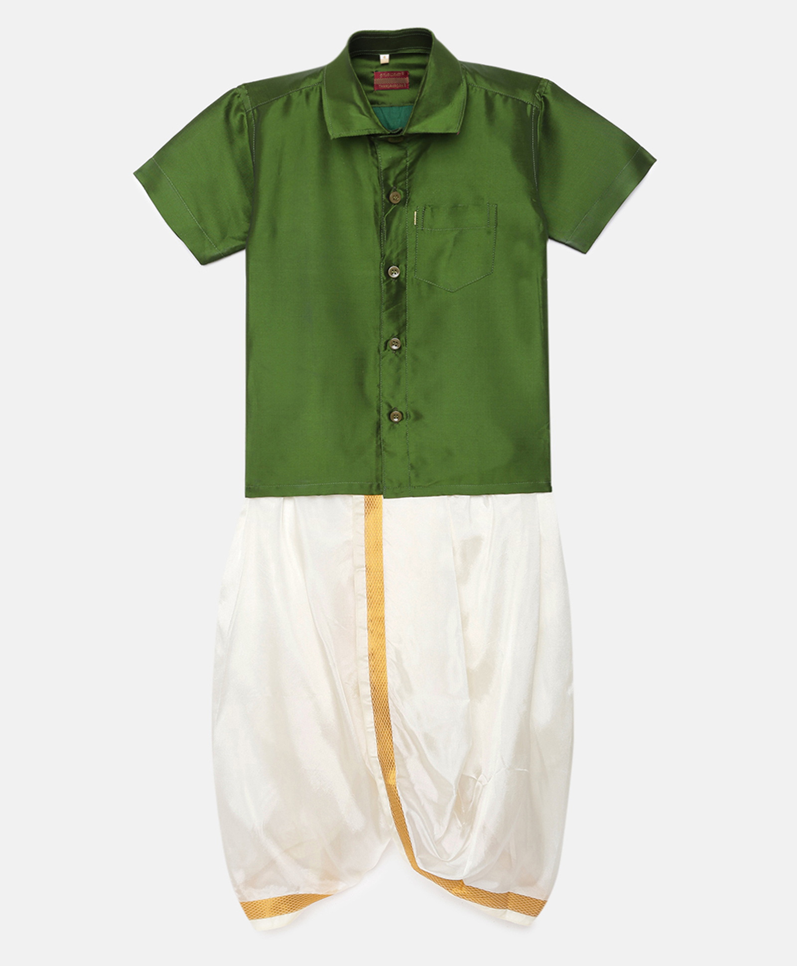 THANGAMAGAN Half Sleeves Solid Shirt & Dhoti Set - Dark Olive Green-picture-18