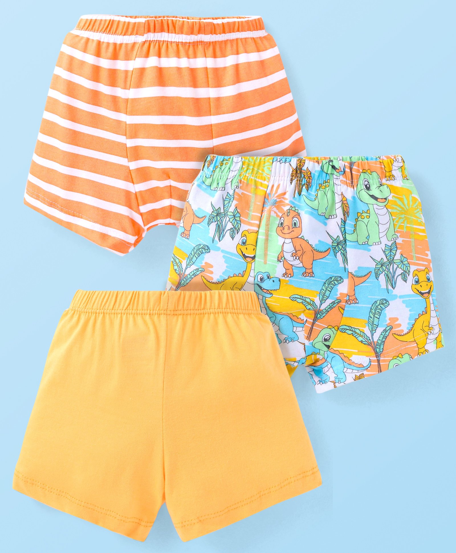 Babyhug 100% Cotton Knit Trunks Striped & Dino Print Pack of 3 - Orange & White-image-31