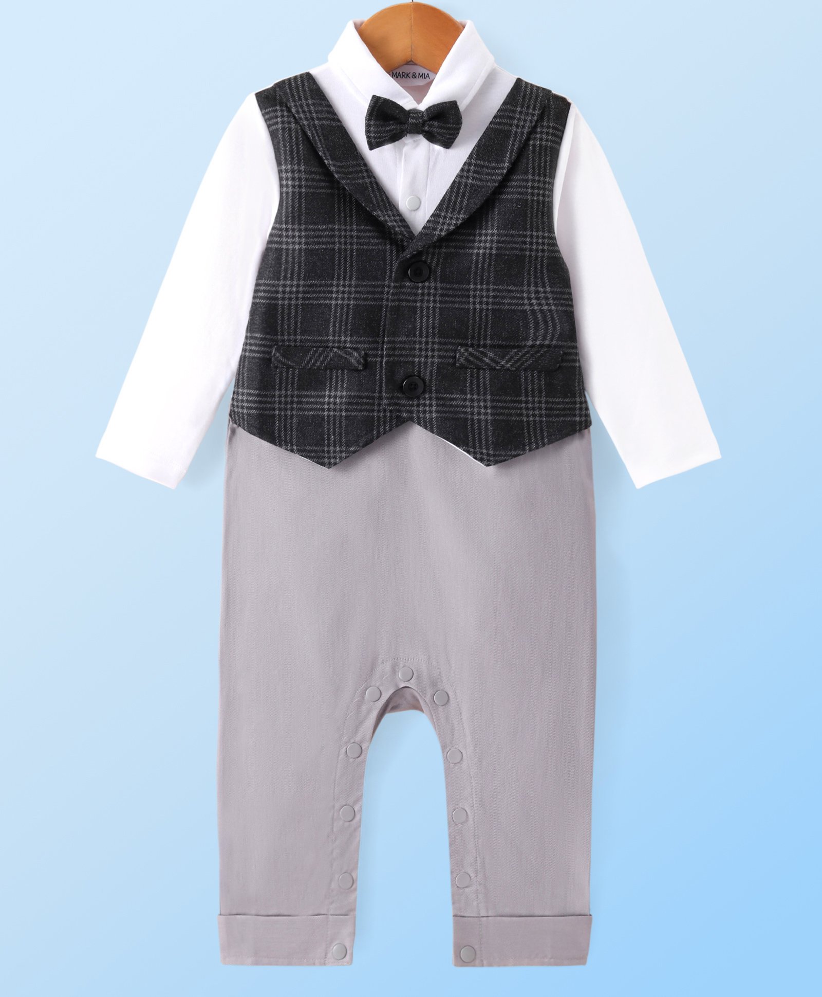 Mark & Mia Full Sleeves Party Romper With Checked Waist Coat & Bow Detailing - White Black & Grey-picture-13