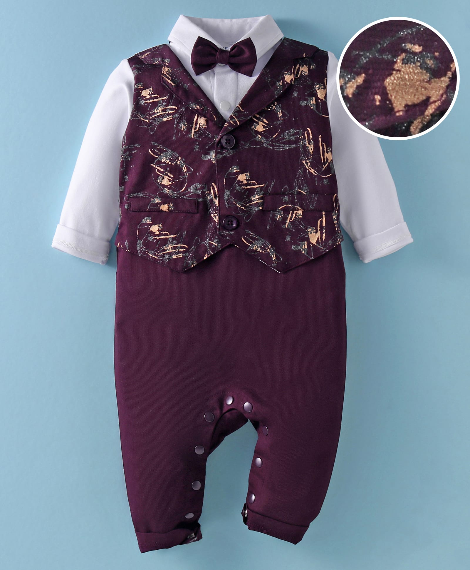 Mark & Mia Full Sleeves Printed Textured Party Romper with Waist Coat & Bow - Wine-picture-27