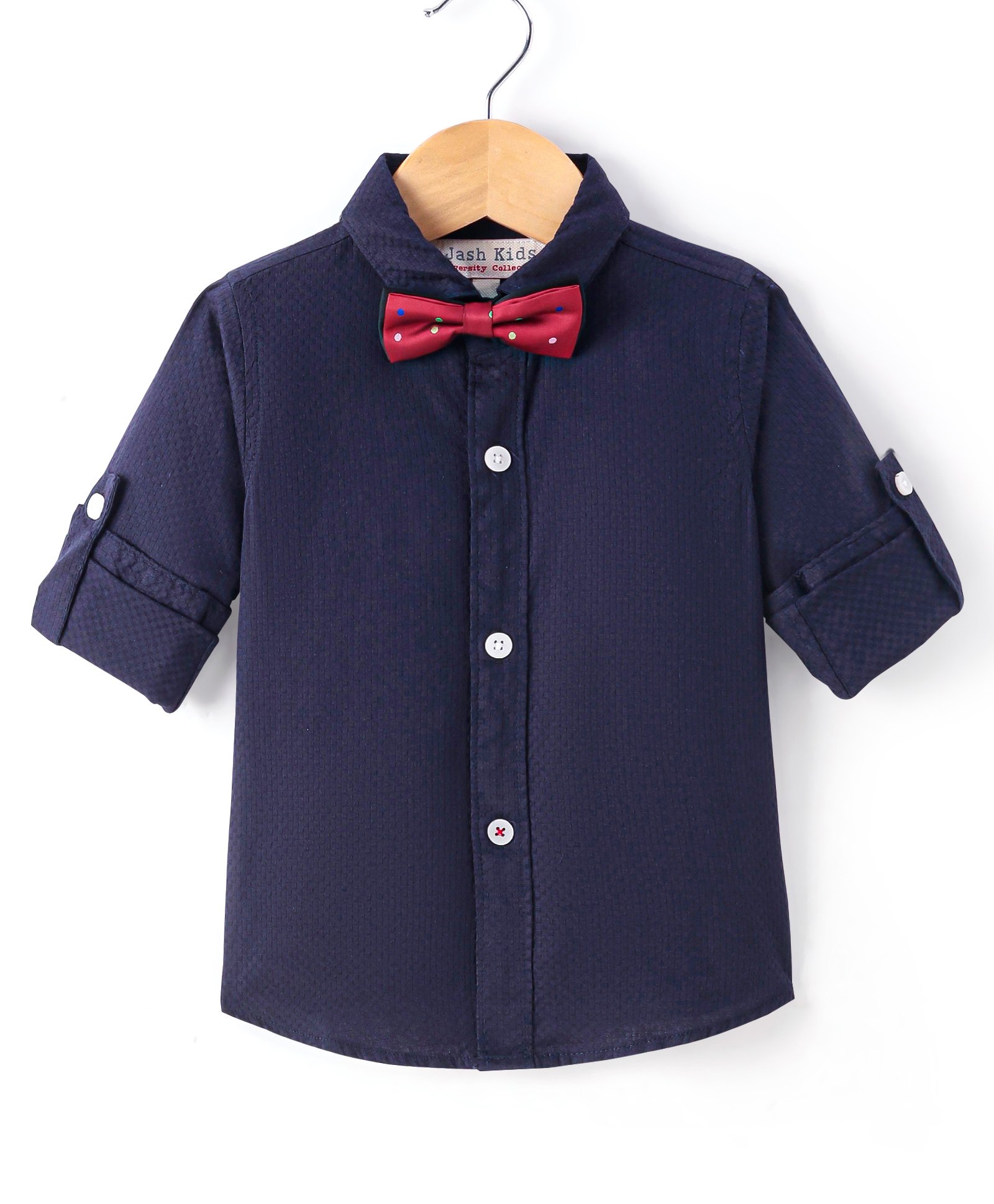 JASH KIDS Cotton Woven Full Sleeves Solid Colour Shirt with Bow - Navy-picture-14