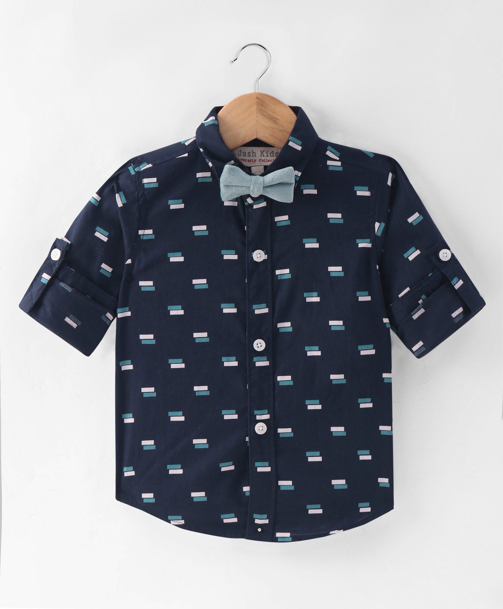 JASH KIDS Cotton Woven Printed Full Sleeves Shirt with Bow Applique - Navy Blue-image-31