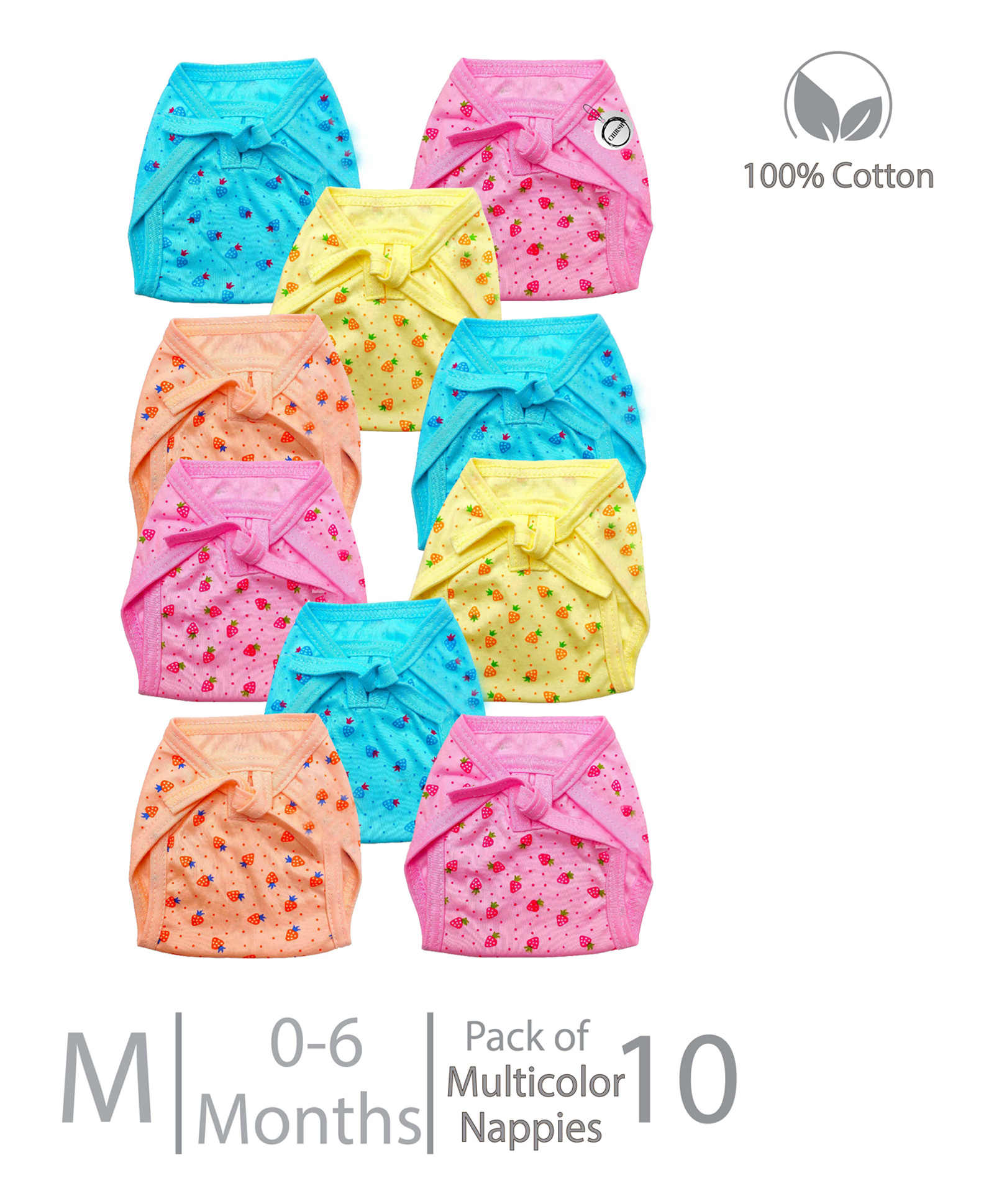 Chirsh Cotton Diapers/ Nappies Organic Cotton Cloth Nappies With String Pack Of 10 (0-6 Months) - Multi Color-image-42