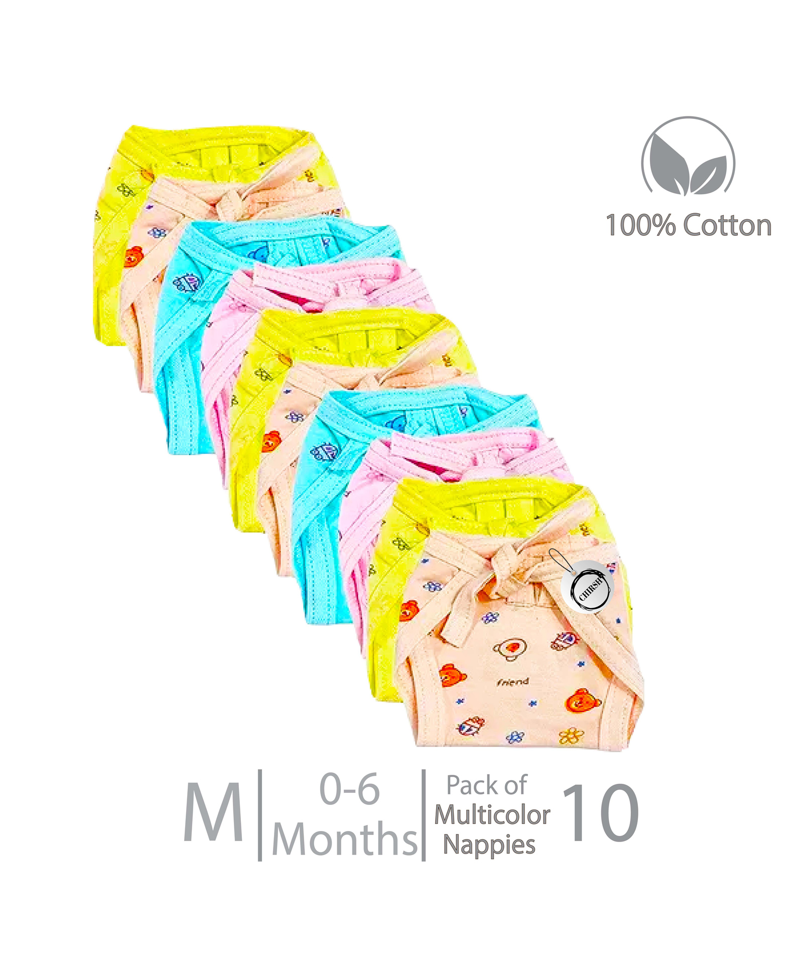 Chirsh New Born Baby Cloth Diapers/Nappies Reusable Organic Cotton Cloth Nappy Washable Cloth Nappies With String Medium Langot (Pack Of 10) -Multi Color-image-2