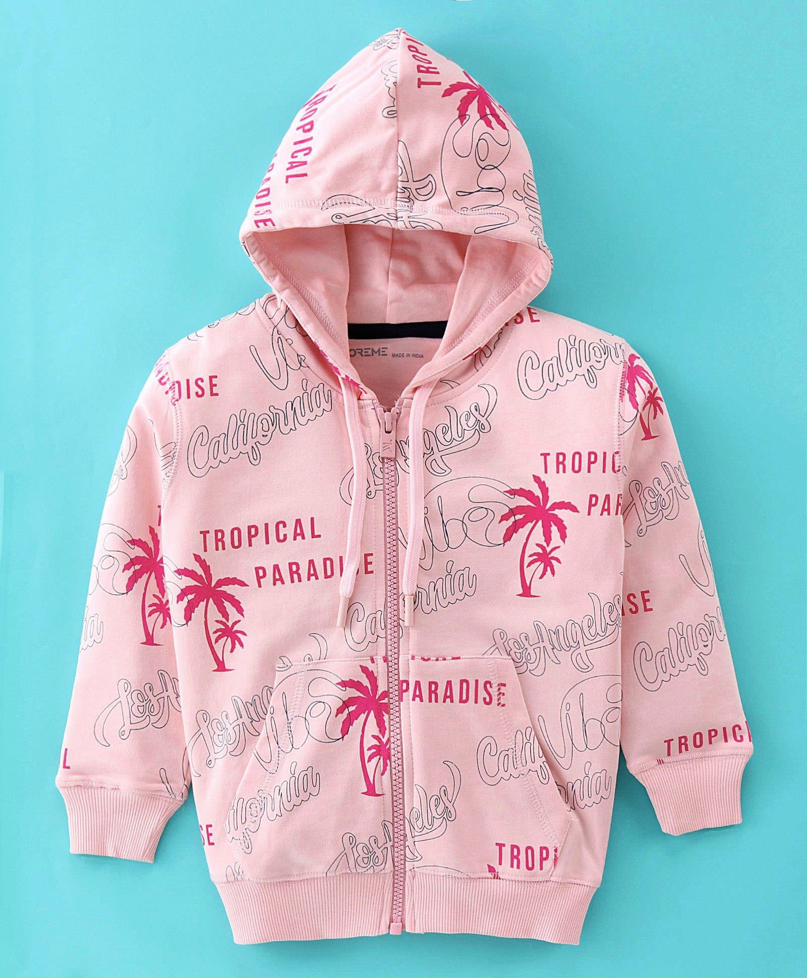 Doreme Terry Knit Full Sleeves Front Open Hooded Sweat Jacket With Tropical Theme Print & Kangaroo Pockets - Pink-picture-16